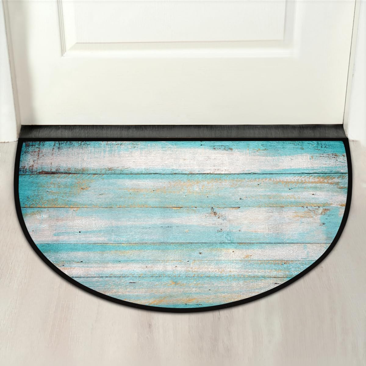 Half Round Door Mat Wood Modern Teal Half Moon Rug Washable Half Circle Area Rugs Indoor Entrance Non Slip Semi Circle Bathroom Rugs Floor Carpet for Kithen Bedroom Fireplace Decor