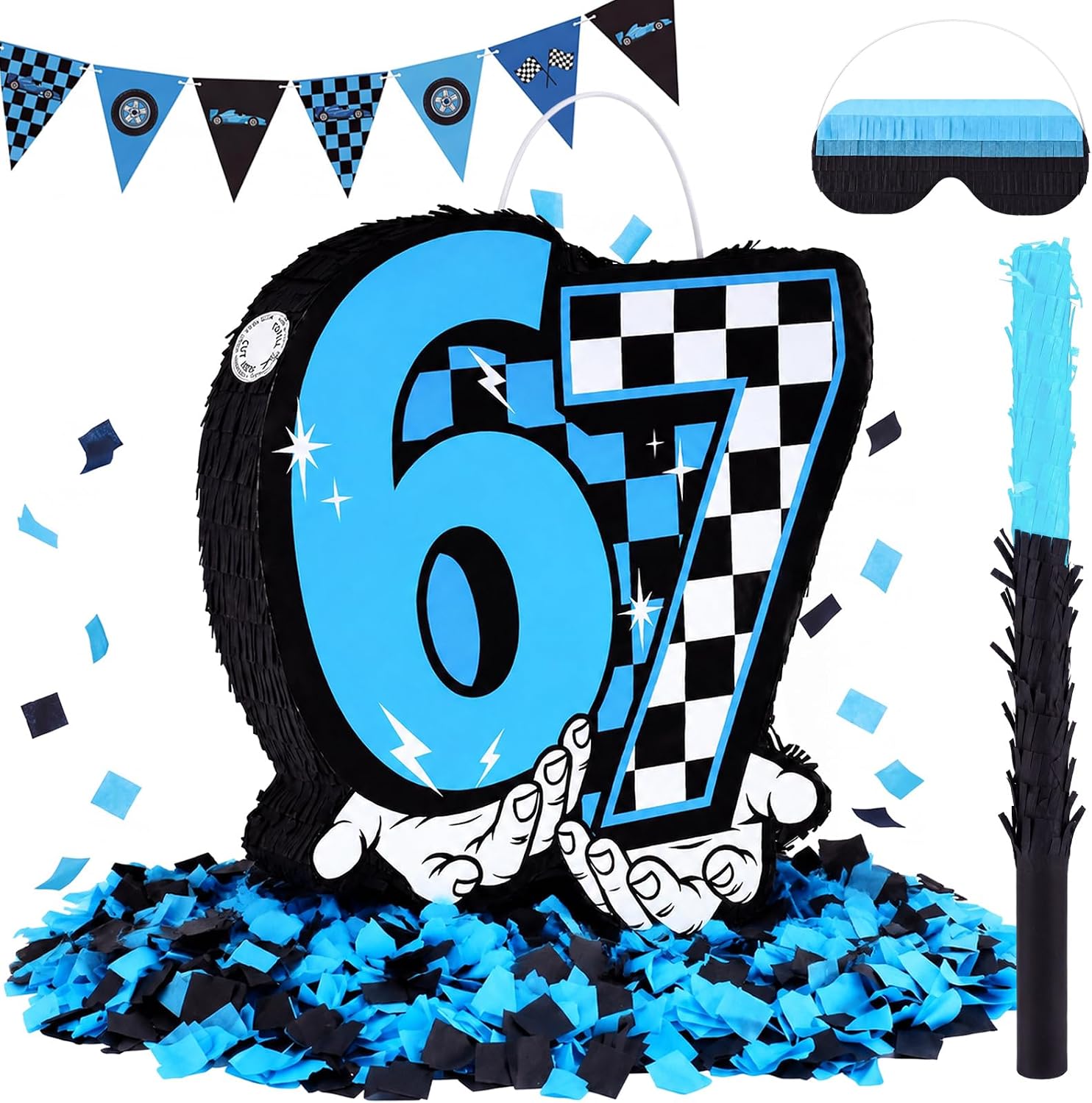 Lewtemi 67 Piñata Set with Bat Stick Blindfold Mask and Confetti Blue Black Checkered Funny Race Car Party Favors Decoration Cardboard for Birthday Game Celebration, 14.2'' × 13.5'' × 2.8''