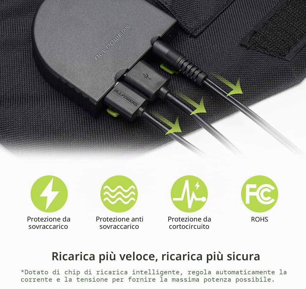 Caricabatterie solare ALLPOWERS 100W Pannello solare pieghevole(Dual 5v USB con tecnologia i-Solar + uscita 18v DC) Pannello solare portatile per laptop, tablet, cellulare,Centrale elettrica portatile