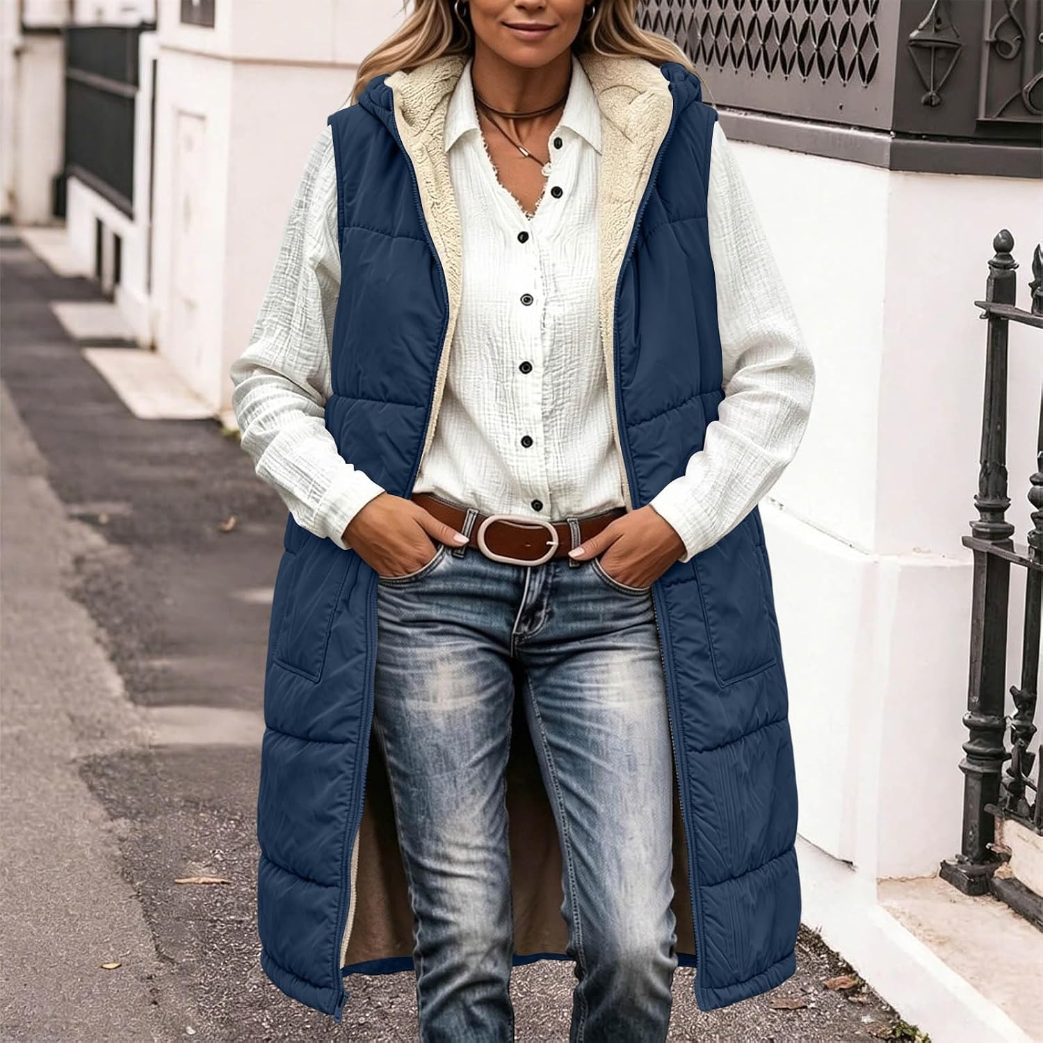 Women's Long Puffer Vest Hooded Quilted Winter Coat Fleece Lined | Cropped Vest Women Navy Womans Teddy Jacket Long Winter For Khaki Womens Warm Jackets Puffy Fuzzy Red And White Cute Casual