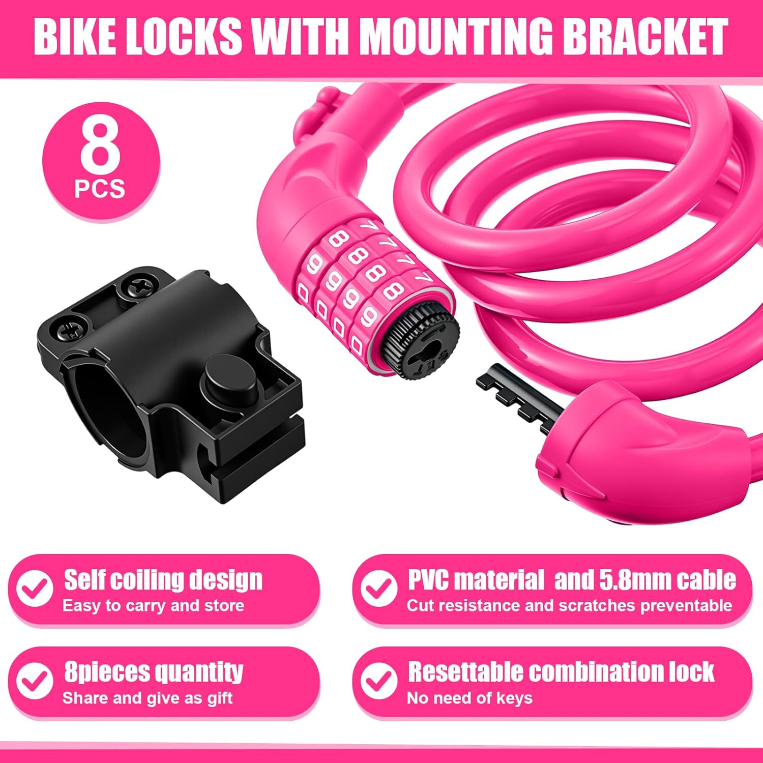 Hotop 8 Pcs Bike Locks Bulk High Security 4 Digit Heavy Duty Bicycle Cable Locks with Mounting Bracket 4 Ft Resettable Coiling Bike Lock with Combination, 1/2 Inch Diameter (Rose Red)