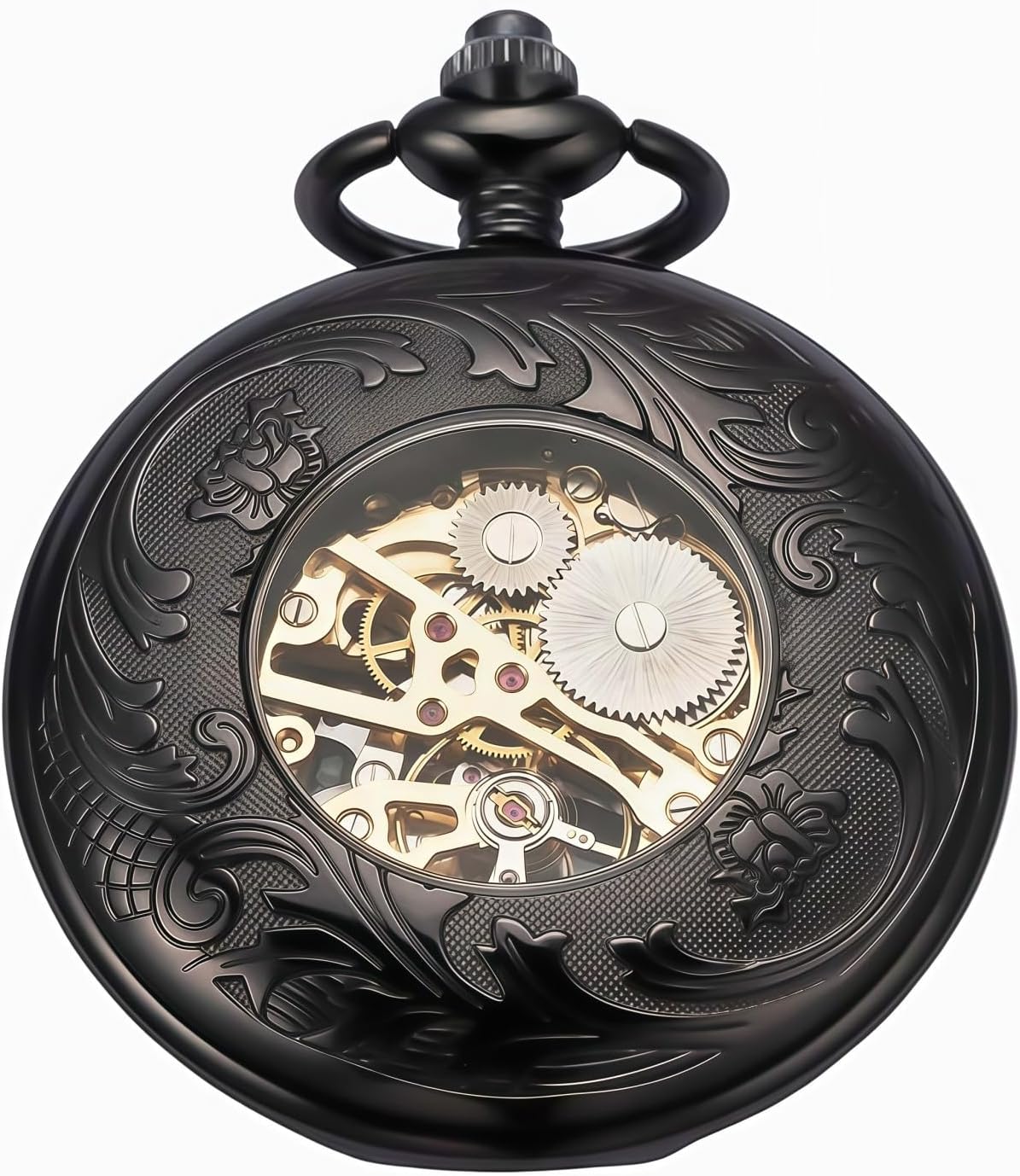 Steampunk Pocket Watch Skeleton Mechanical Gear Hand-Wind Roman Numerals Antique Chain Mens