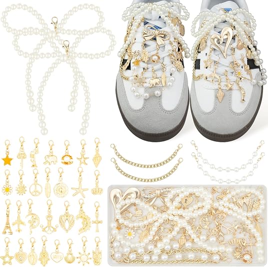 Deinduser Shoe Charms for Sneakers, Junk Socks Charms Kit for Women, Bling Junk Sneaker Charm Set, Gold Shoelace Charm with Pearl Bows and Letters