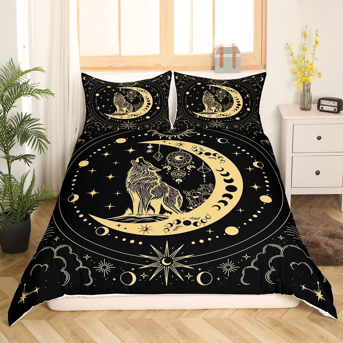 Wolf Duvet Cover Set Queen Size,Sun and Moon Bedding Set,Tribal Dream Catcher Comforter Cover 3Pcs for Kids Girls Boys Adult Bedroom Decor,Black Gold Starry Sky Galaxy Cloud Quilt Cover,2 Pillowcases