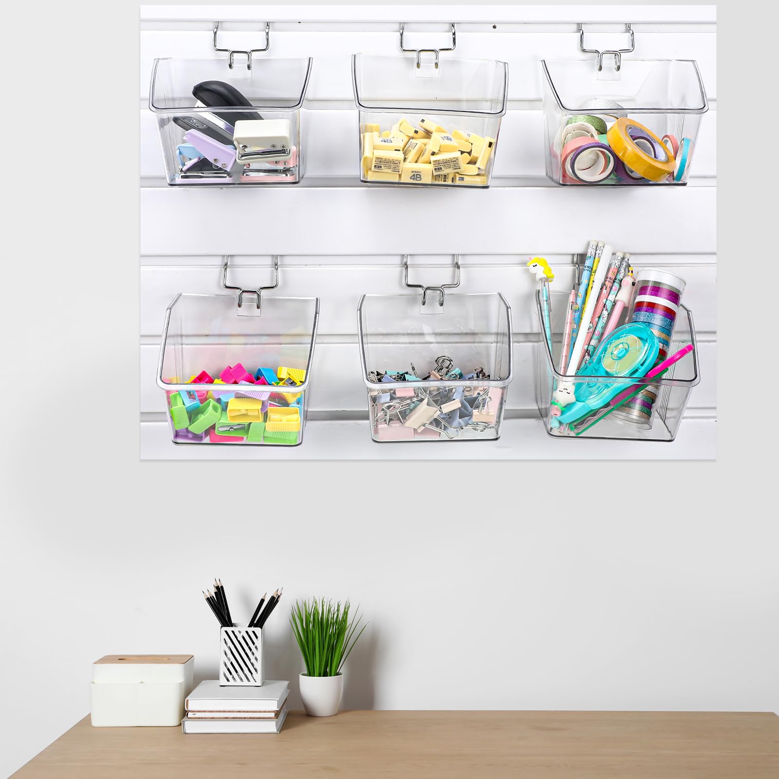 Layhit 6 Set Slatwall Bins Clear Plastic Bins with Slatwall Metal Hooks Mount Hanging Slatwall Containers Storage Organizer Slat Wall Accessories for Craft Garage Tool Storage Room Panel