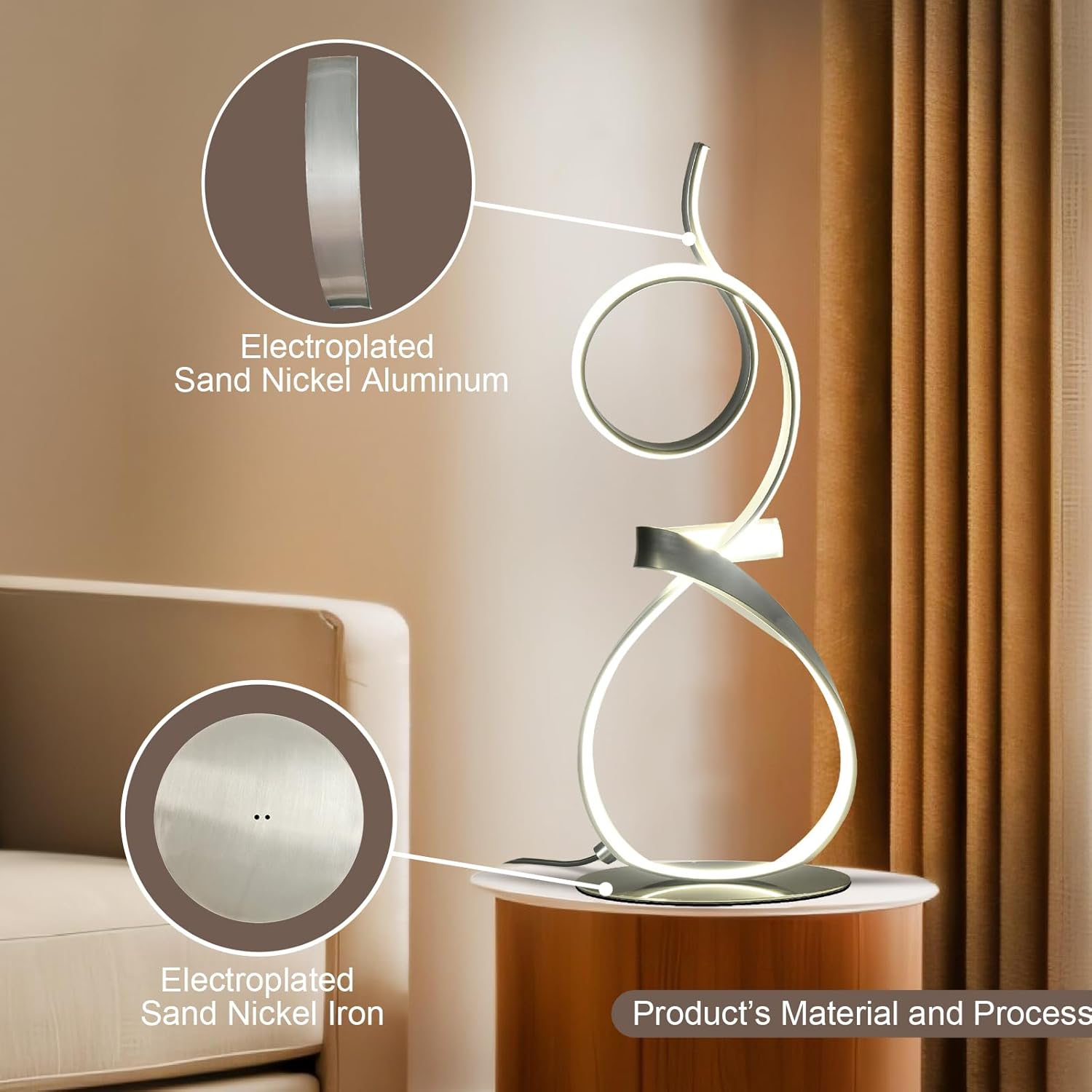 Sand Nickel 21inch 20W 2700LM Modern Bedside Table with Lamp Luxury LED Table Lamps 3 Color Touch Dimmer for Living Room with Remote Control