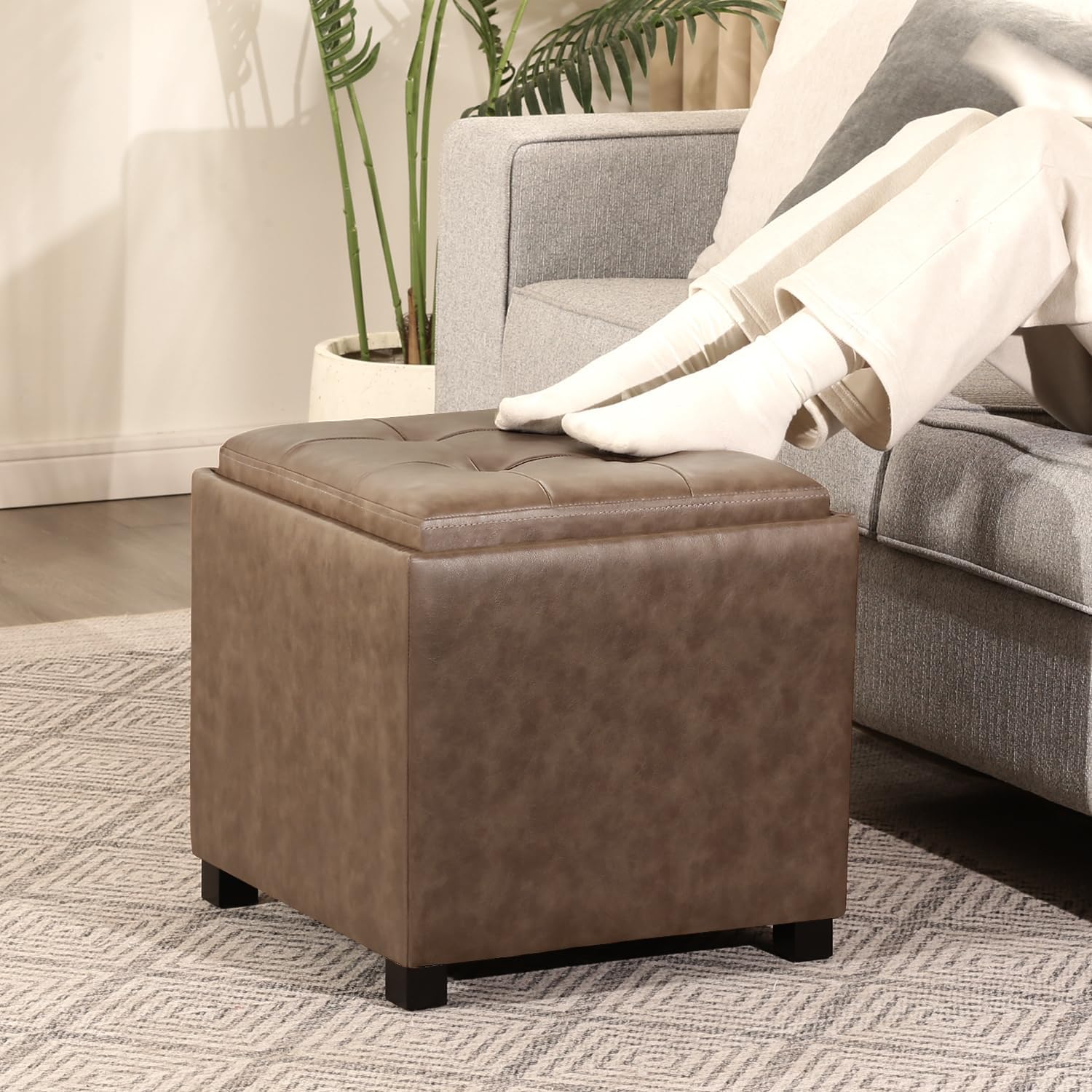 Adeco 17-inch Square Storage Ottoman, Taupe Faux Leather Cube with Reversible Wood Tray Lid, Modern Footrest Stool & End Table for Living Room, Bedroom, and Small Spaces
