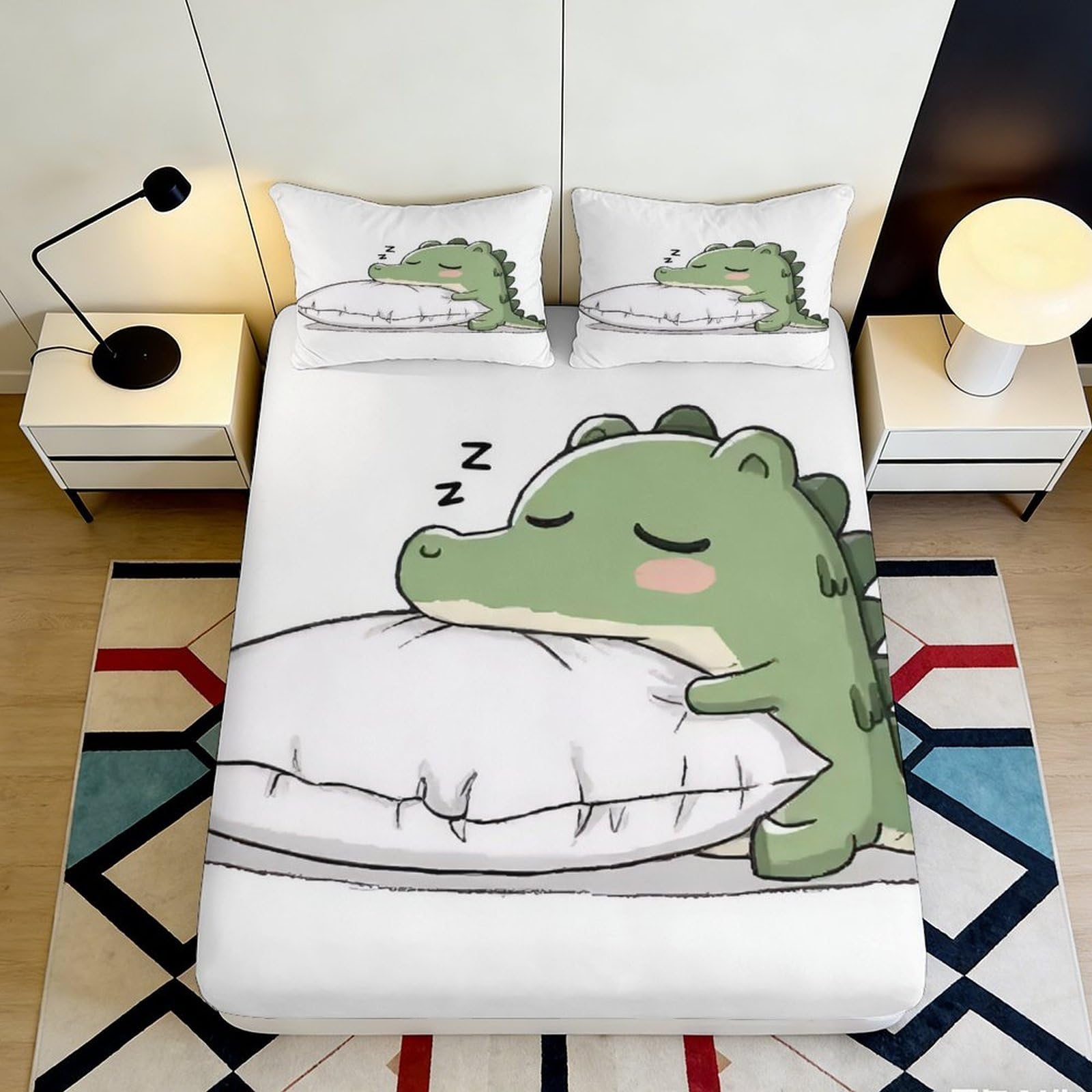 3D Printed Cartoon Dinosaur Fitted Sheet Microfiber Soft Mattress Cover Cute Alligator Bed Decor Bedroom Dorm 160x200x25cm