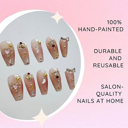 Miniatura 2 de Juego de 10 uñas postizas hechas a mano, 100 % pintadas a mano, con diseño de galaxia, longitud media, estilo Y2K, coreano, japonés, Douyin, con