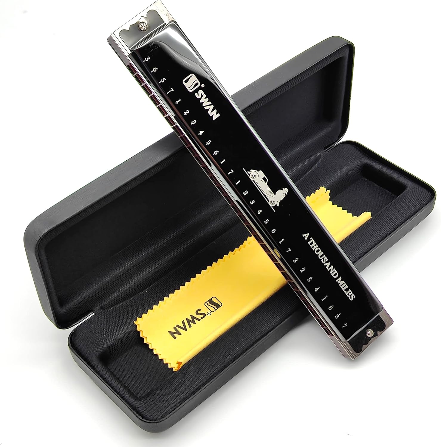 SWAN 28 Hole Wide Range Polyphonic Harmonica C Key with JP Imported Bronze Sound Spring,Advanced Tremolo Harmonica for Beginners Professional Players(Black)