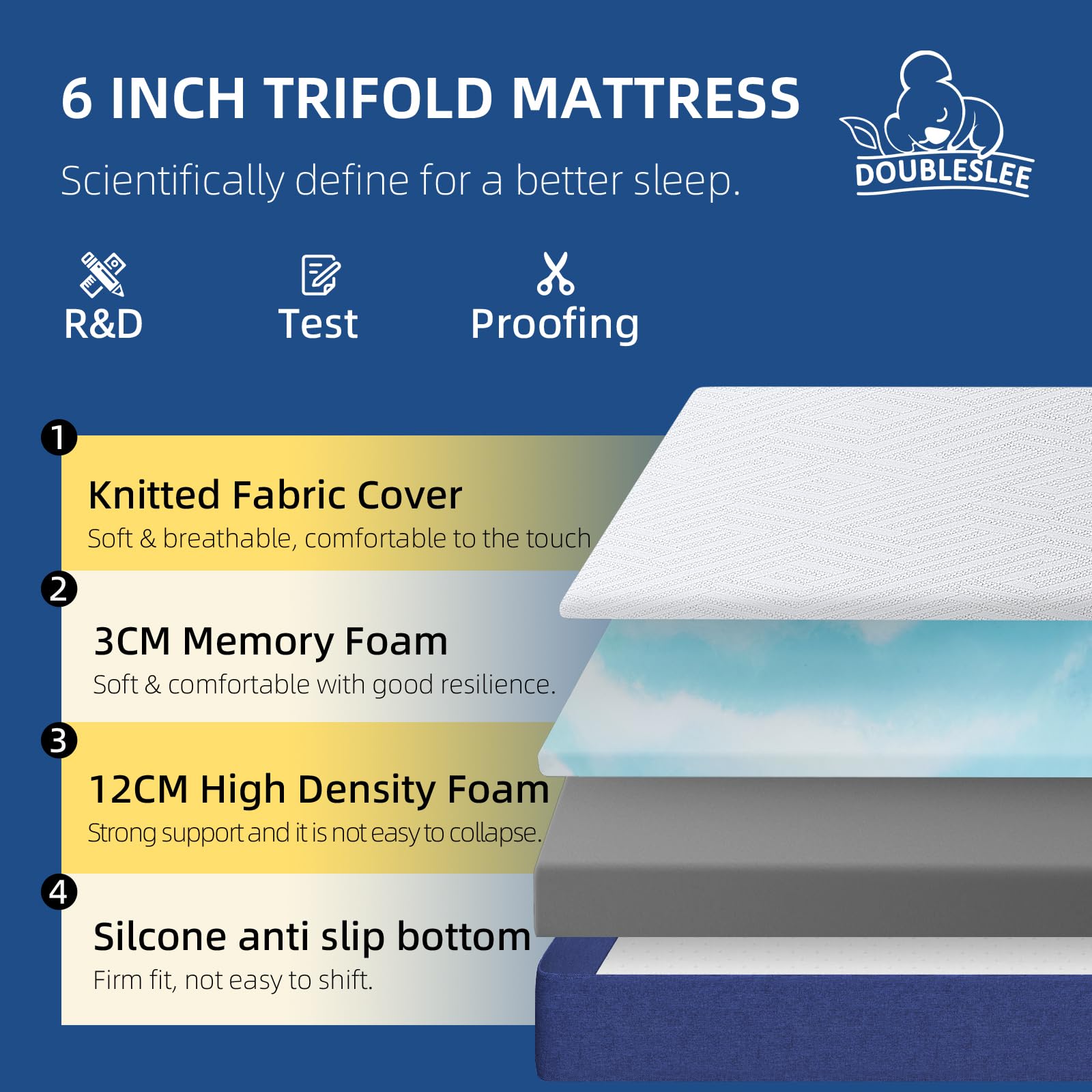 Matelas pliable en mousse à mémoire de forme pour petit lit double, 1,2 m, 15,2 cm, rangement facile avec housse lavable pour voyage, camping, caravanes, lit d'appoint (120 x 190 x 15 cm)