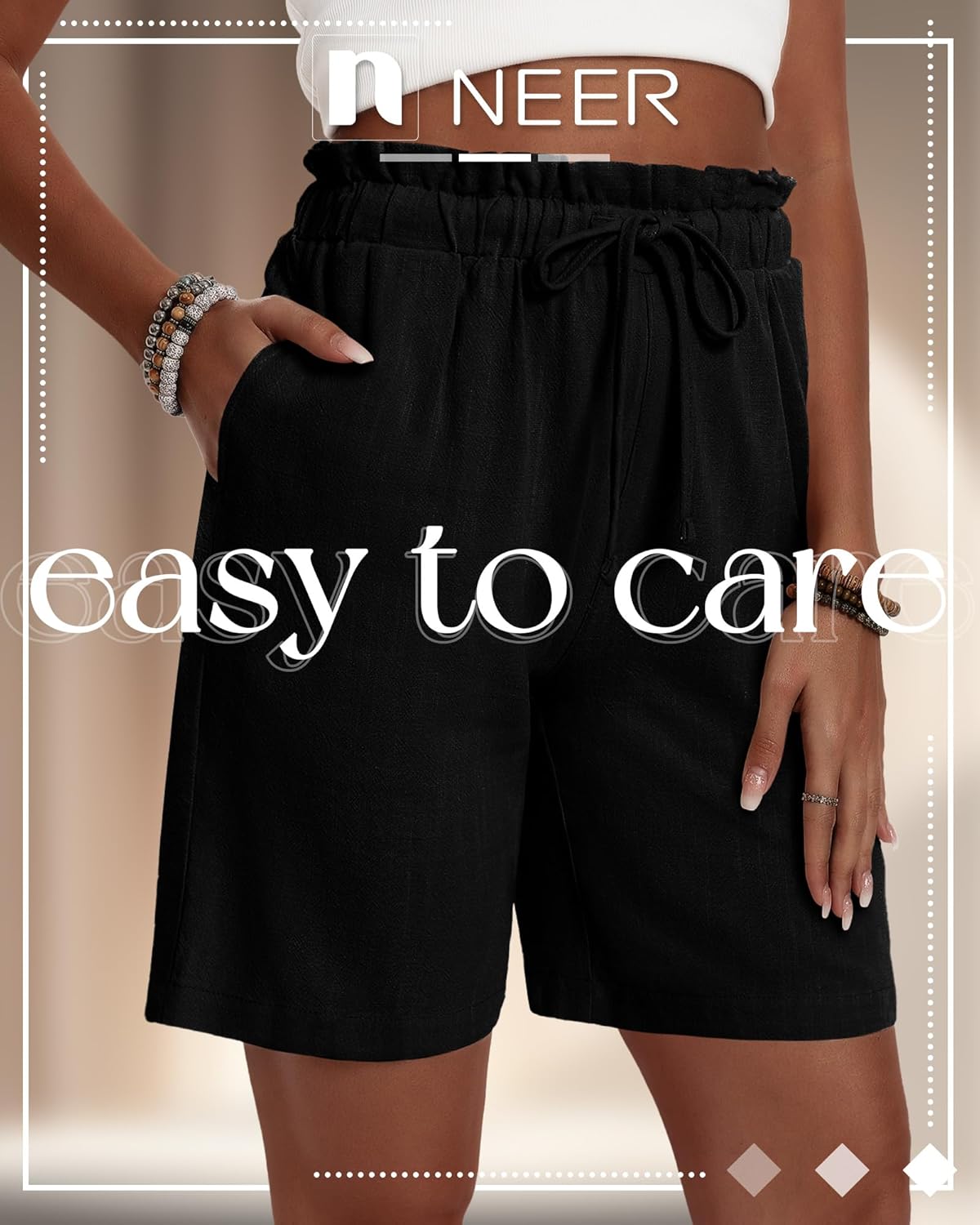 Neer 3 Pack Women's Linen Bermuda Shorts Summer Wide Leg Casual High Waist Drawstring Mid Length Shorts with Pockets - Image 3