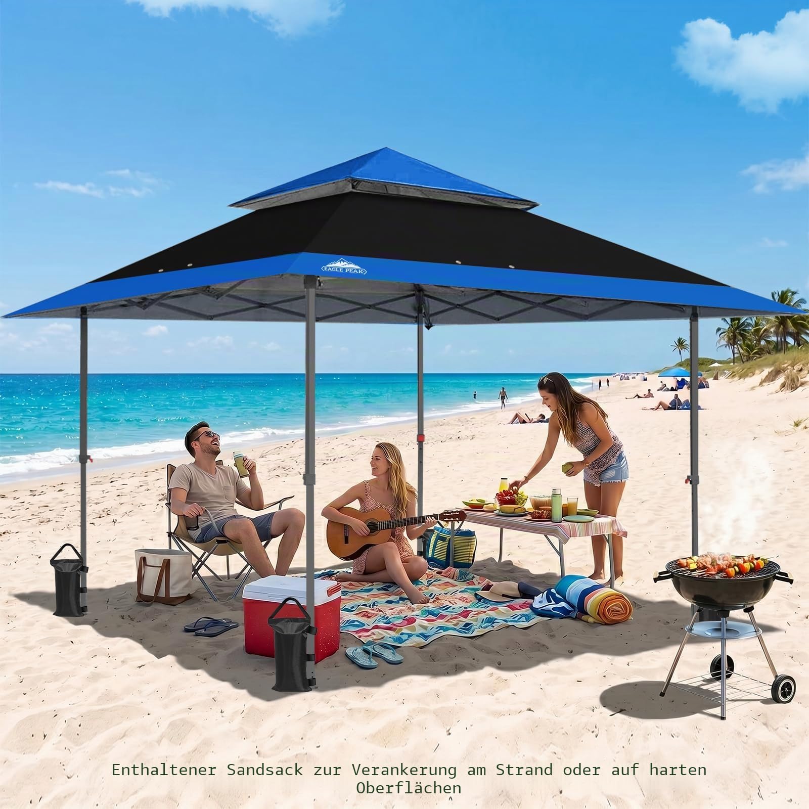 EAGLE PEAK Schräge Beine Faltbar Pavillon 4x4m Wasserdicht Camping Pop-up Faltpavillon mit Seitenteil, inkl. Rucksack, Blau/Schwarz