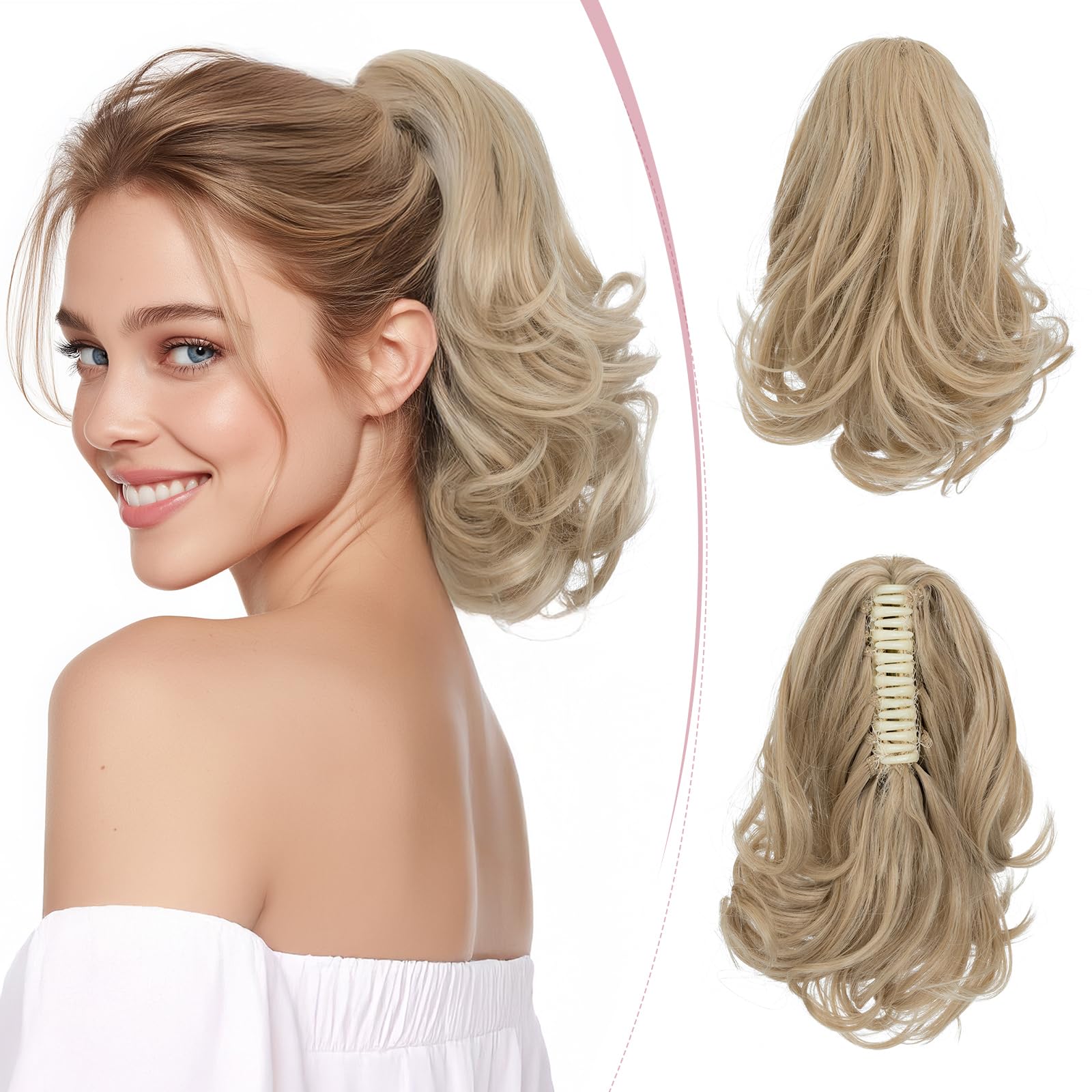 SEGO Pro Claw Clip Ponytail Hair Extensions Synthetic Pony Tail Hair Pieces for Women 12 Inch Curly 110g (Ash Blonde & Bleach Blonde)