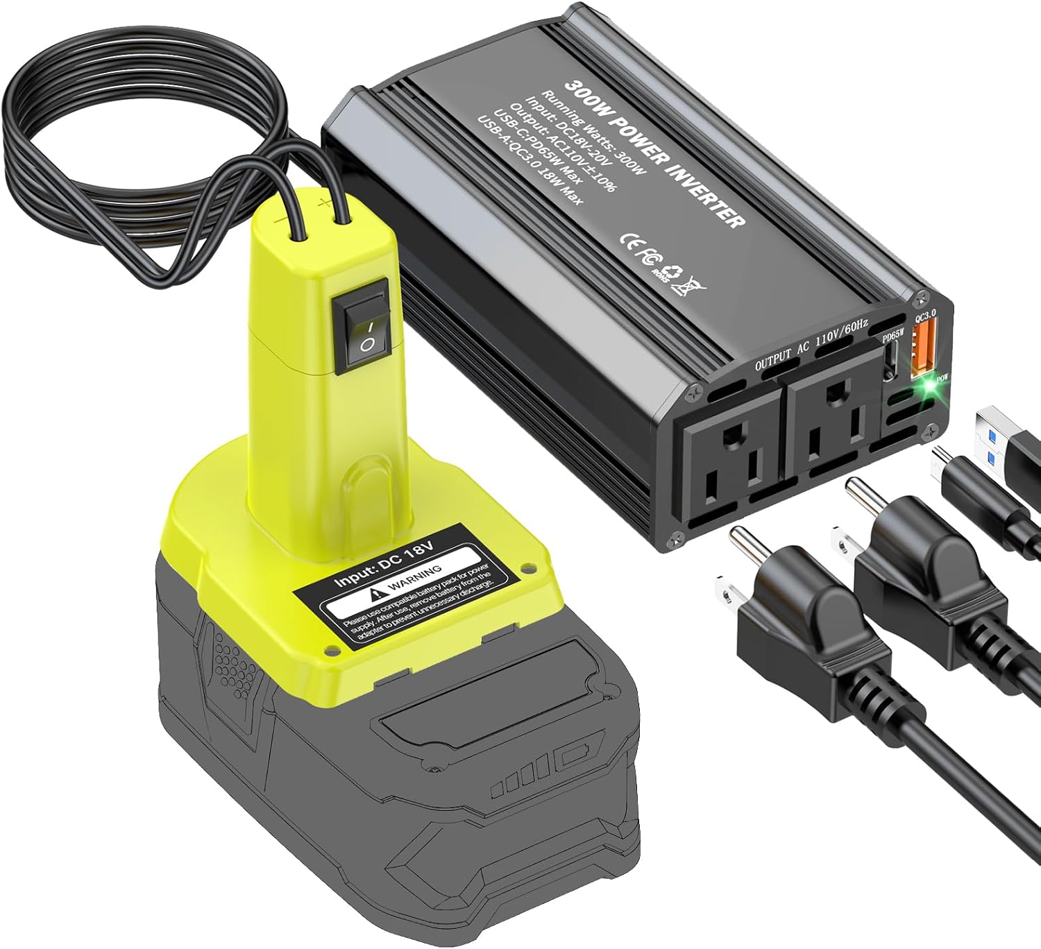 300W Power Inverter Compatible with Ryobi 18V Battery, DC 18V to AC 110V Portable Power Station Generator with 2 AC Outlets & 1 Type-C PD 65W & 1 USB A 18W Max for Emergency Power