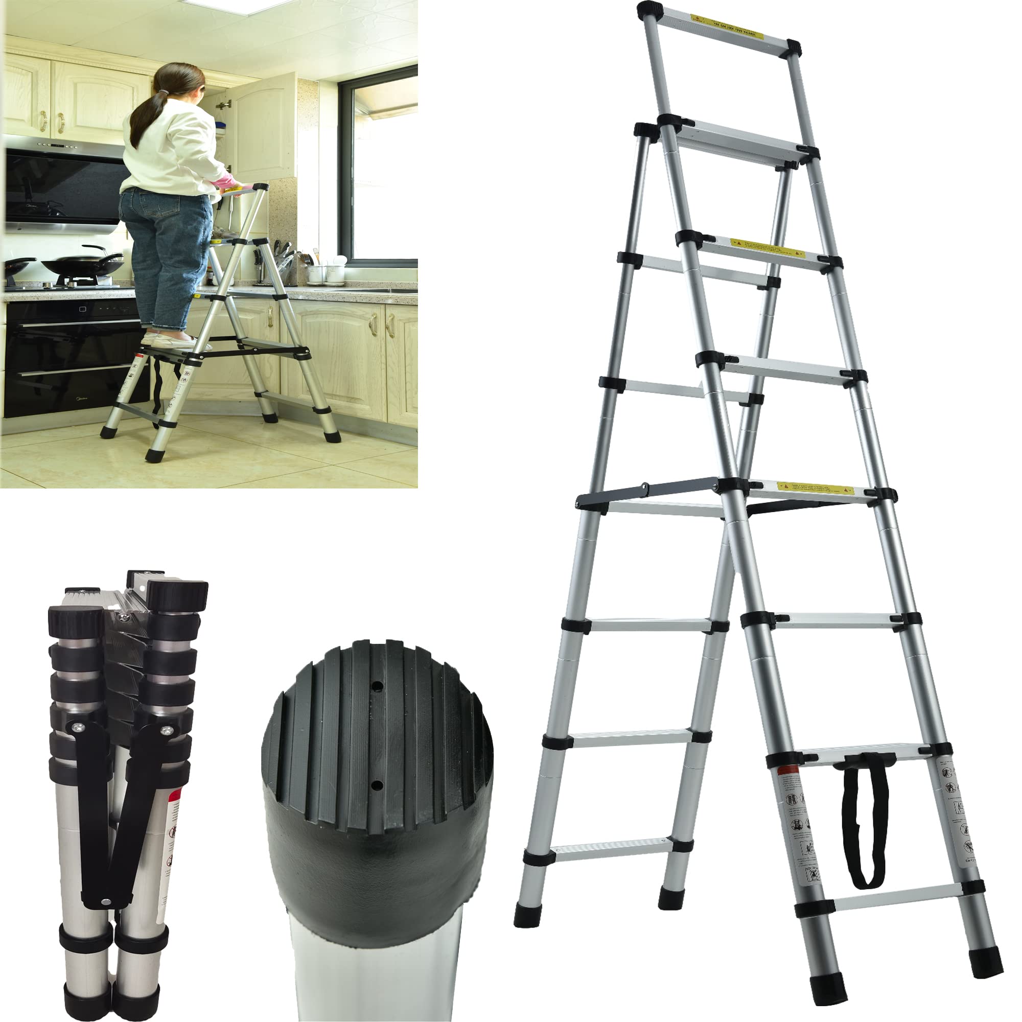 1.7m/2m Telescopic Ladder DIY Aluminum Alloy Folding Extendable, Adjustable Step,Lightweight Extension Ladder for Home Office Loft Use (5+6 steps)
