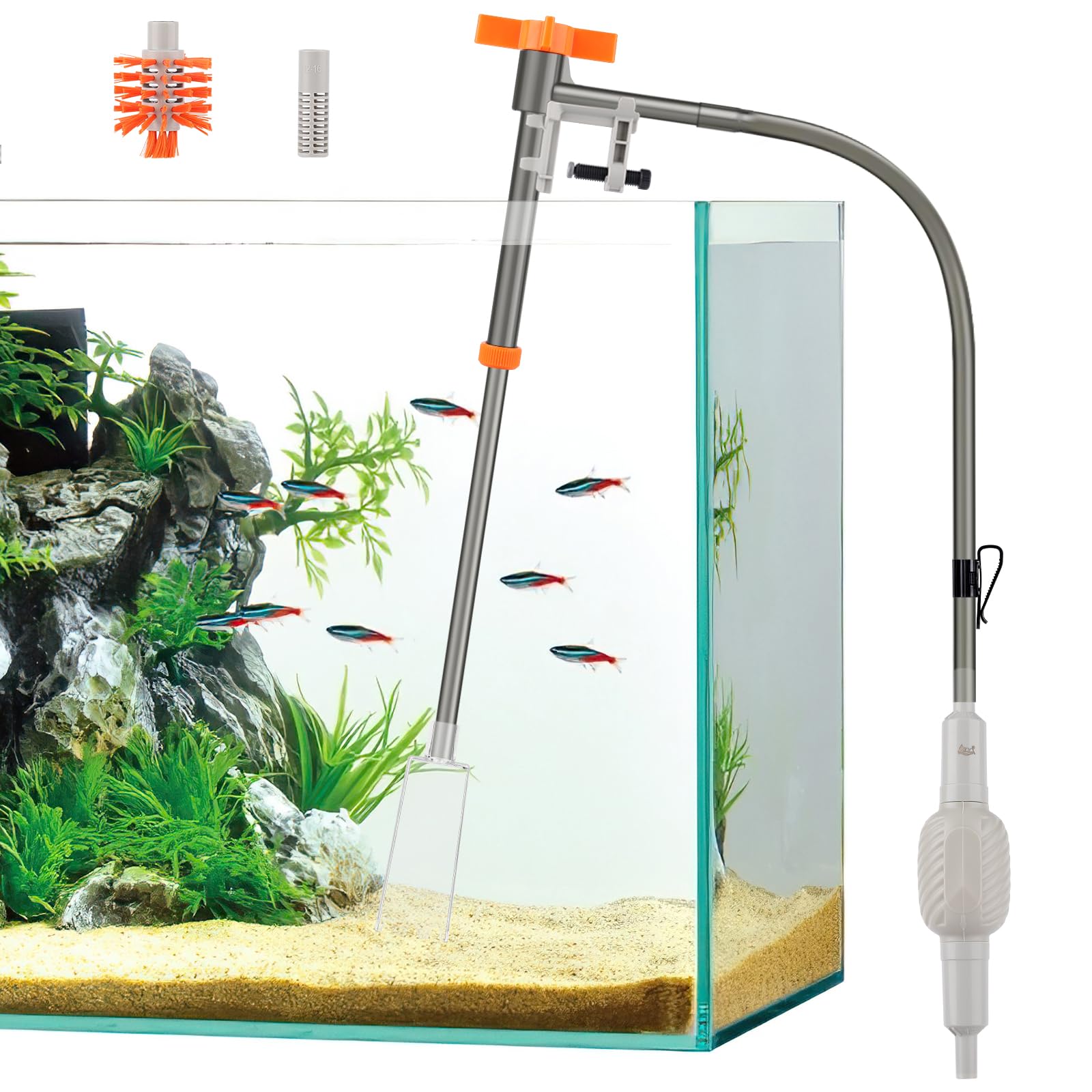 AQQA Mulmsauger Aquarium, Aquarium Sauger Bodengrund Reinigen, 3-in-1 Aquarium Reiniger mit Einstellbarer Wasserdurchfluss, Manueller Wasserwechsel und Sandreinigung (AQ177-M)