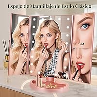 Vista 3 de Espejo de tocador iluminado plegable en tríptico con aumento 3x/2x, 21 luces LED y pantalla táctil, espejo cosmético de encimera con rotación libre