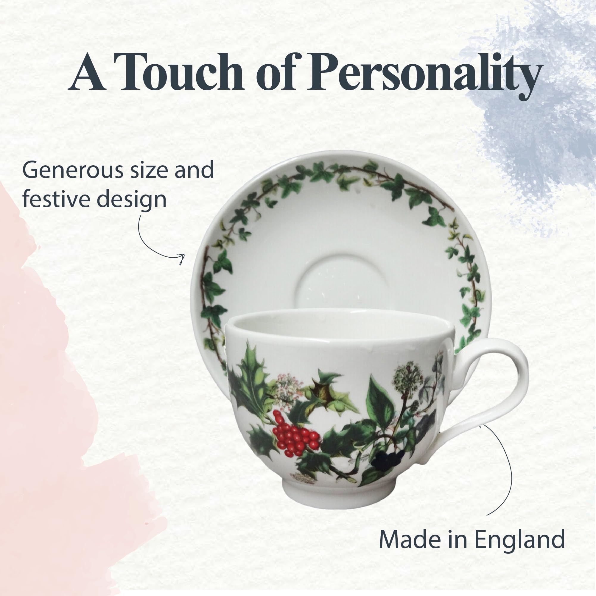 Portmeirion Home & Gifts Filiżanka i spodek do herbaty Holly & Ivy, ceramiczny, wielokolorowy, zestaw 6 szt