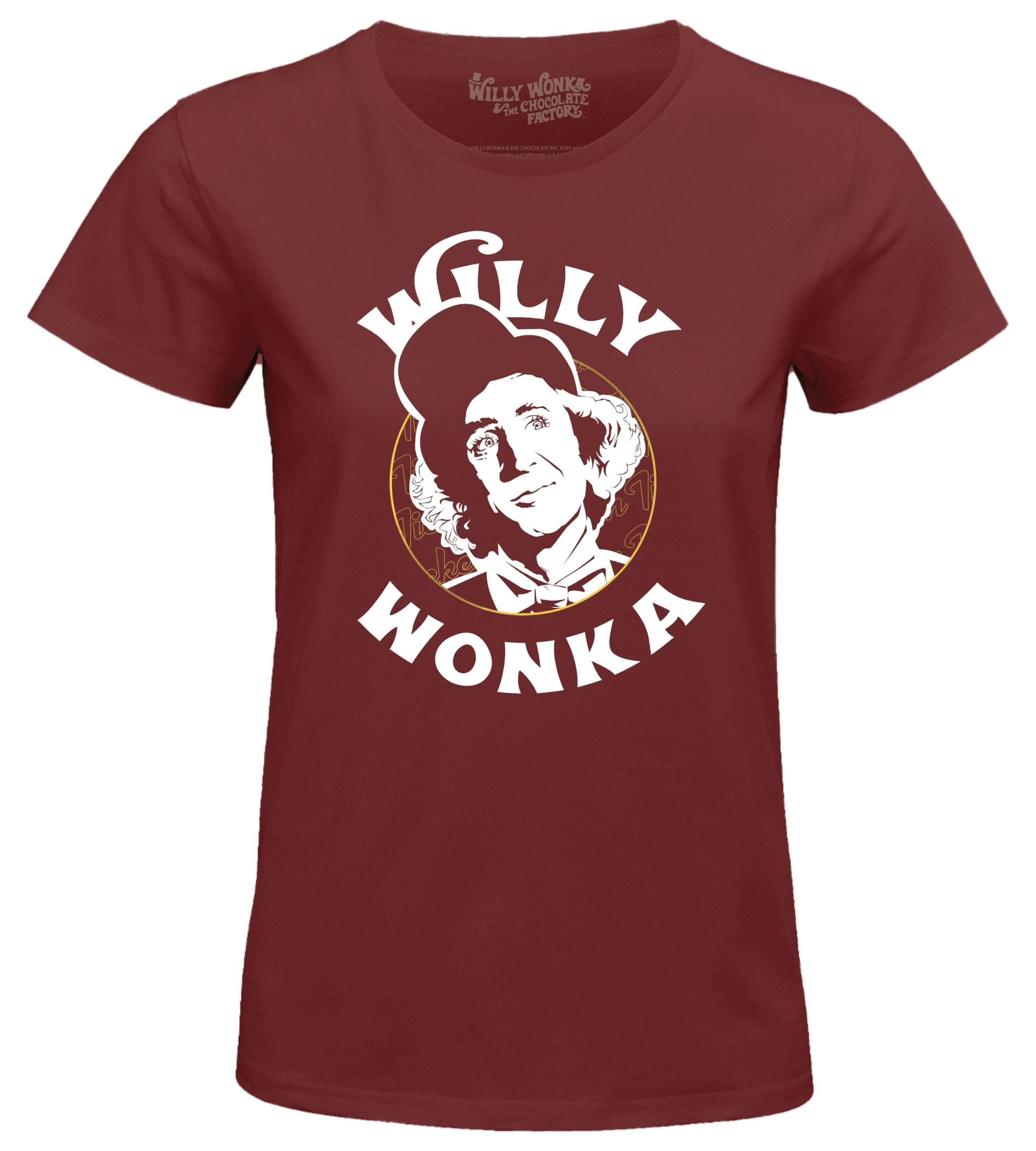 cotton division Willy Wonka Willy Wonka Gold Ticket WOWONKATS001 Women's T-Shirt, Burgundy, Size L, Burgundy, L
