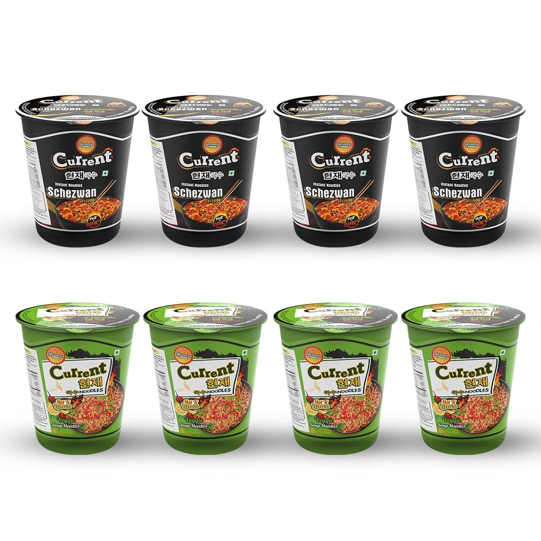 Current Foods 8 in 1 Cup Noodles Combo 560gm | Vegetarian 5 Minutes Cup Noodles | Consisting of Hot & Lemon Cup Noodles + Schezwan Cup Noodles | Pack of 8, 70gm Each