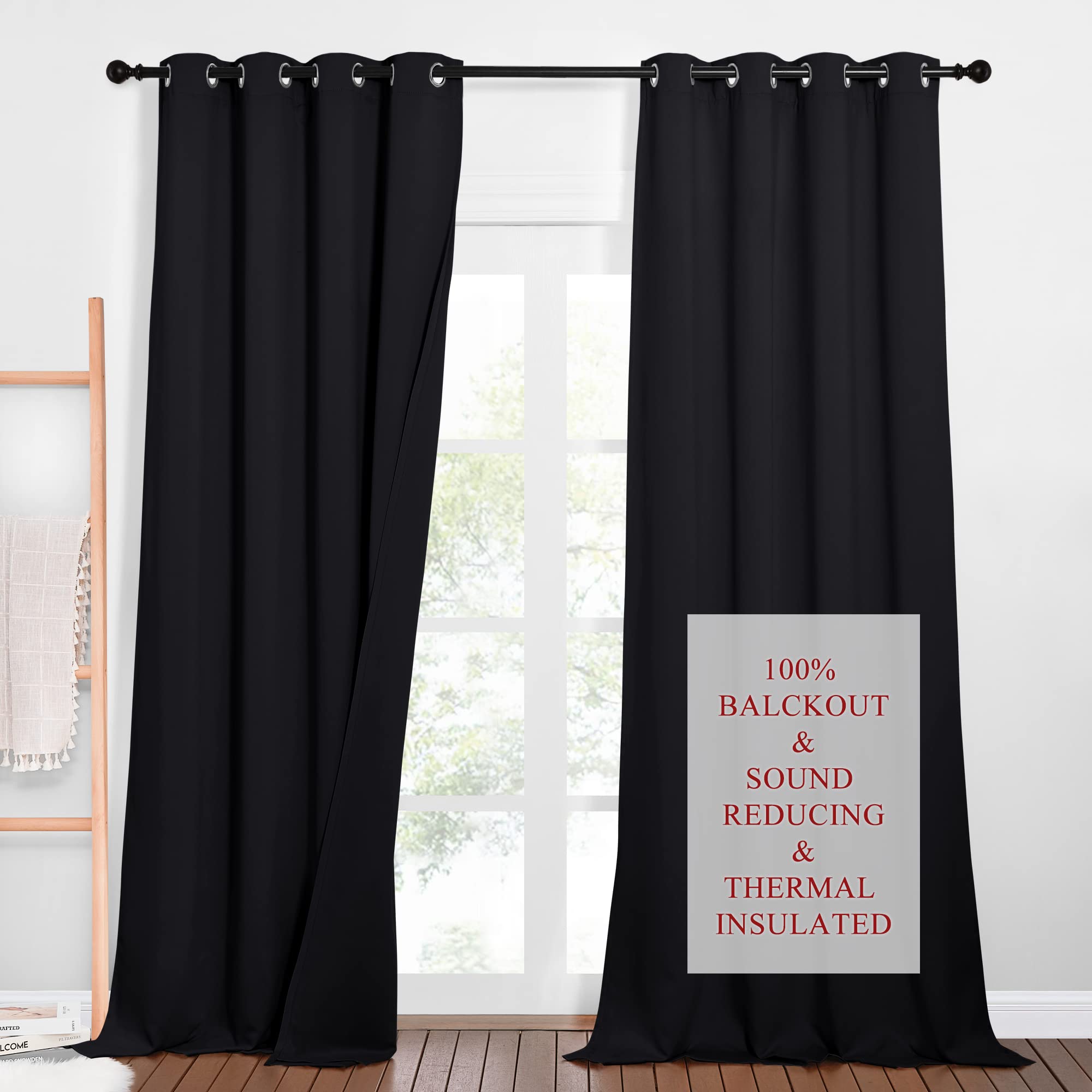 PONY DANCE Black Blackout Curtains - Soundproof Thick Layers Curtain with Removable Black Lining Drapery for Uv Isolation for Sliding Glass Door Eyelet Top, 2 Panels, 52 x 95 Inch Drop — image 1