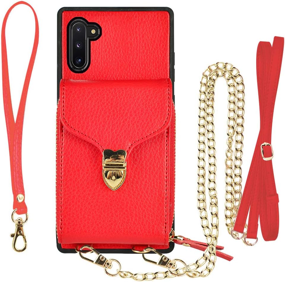 JLFCH Wallet Case for Samsung Galaxy Note 10, 6.3 inch, Galaxy Note 10 Crossbody Case with Card Slot Holder Wrist Strap Purse Lanyard Handbag Zipper Protective - Red