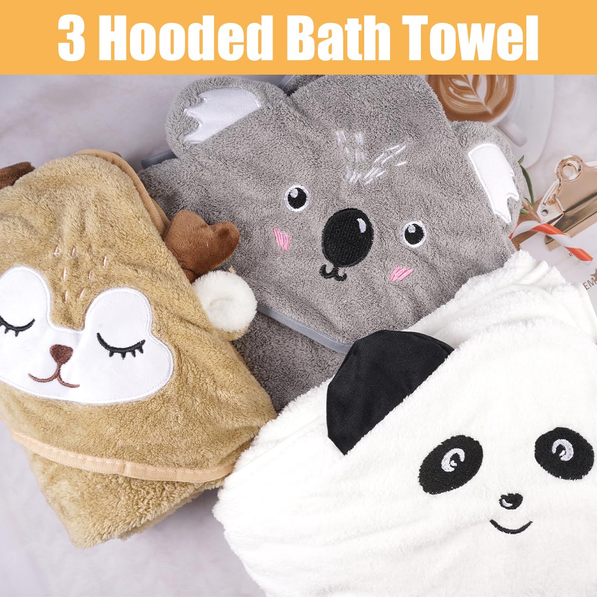 DGN 3 Pièces Serviette De Bain Bébé, 80 x 80cm Sortie de Bain Bébé Super Absorbante, Serviettes pour Enfants en Bas âge avec Trois Motifs, Baby Hooded Towel, Sortie de Bain Bebe (Blanc, Gris, Café) - 4