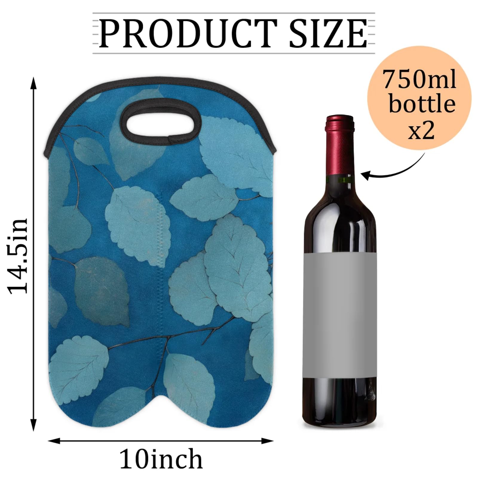 GzLeyigou 2 Bottles Leaves Blue Wine Bag Sleeve Totes Neoprene Protective Wine Carrier Bag for Wine,Water, Champagne, Beer, Baby Bottles,Gift 14.5 x 10 Inches
