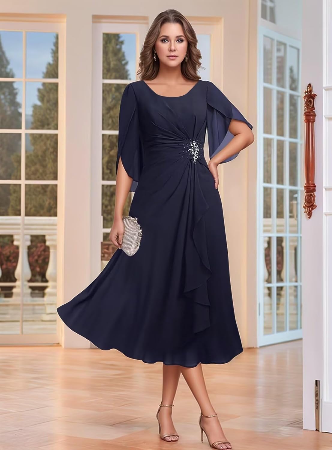 Short Mother of The Bride Dresses for Wedding Chiffon Tea Length Pleats Formal Evening Party Gown JH033