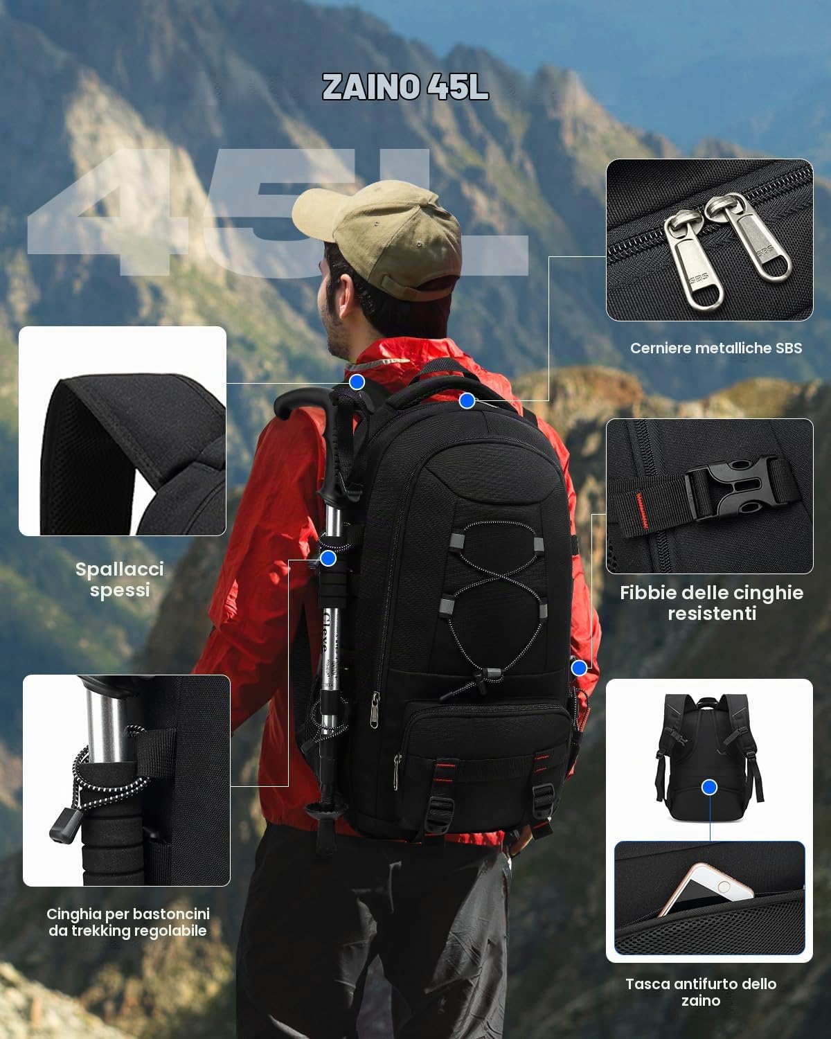 Besttravel Viaje - Zaino da escursionismo 45L per computer di grande capacità fino a 17,3 pollici Casual impermeabile e tasche multiple Campeggio, escursionismo, sport all'aria aperta Uomo, Negro, S