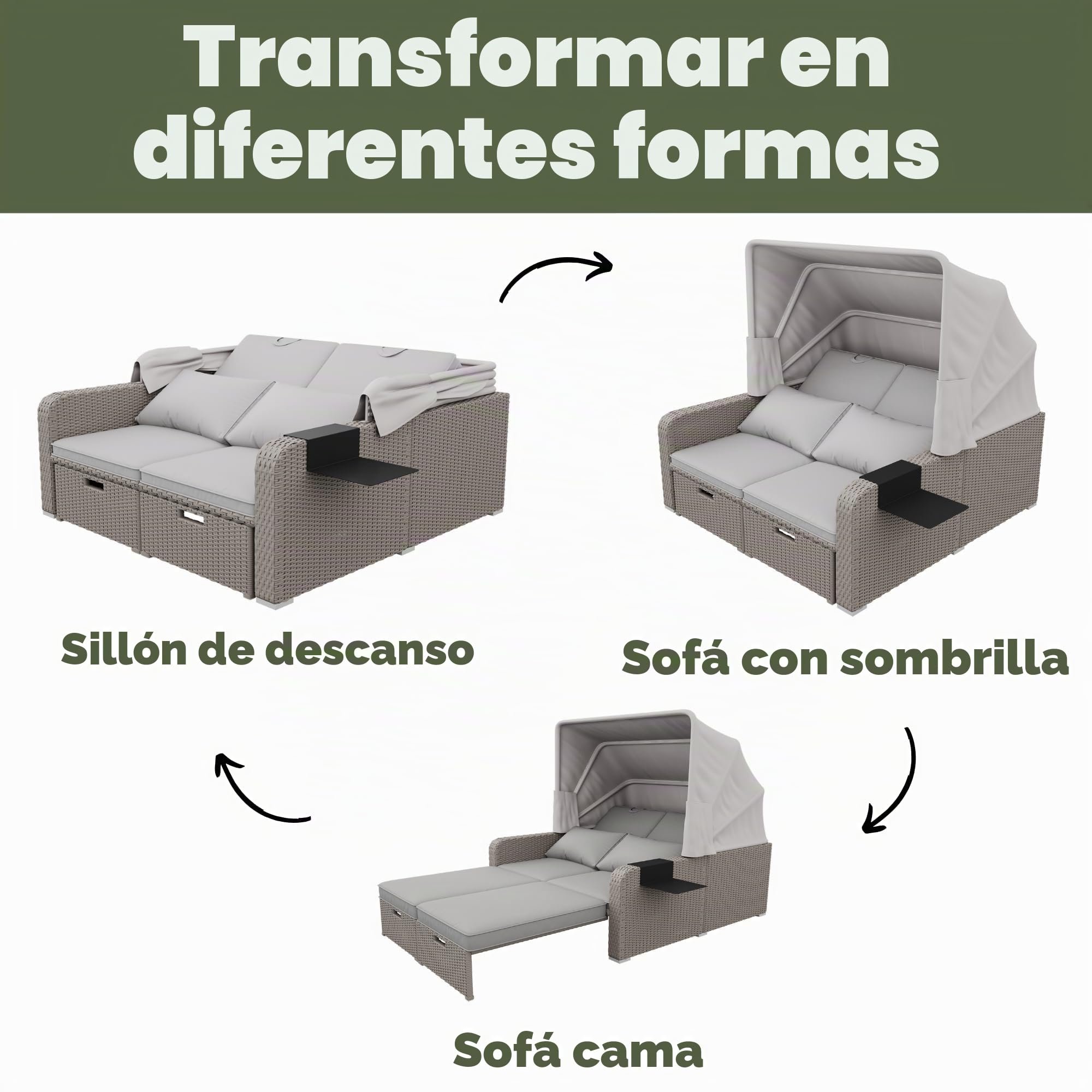 Muebles de jardín de polirratán para 2 personas, sofá de salón con toldo extraíble, sofá convertible en cama, para playa, jardín, fácil de montar (caqui)
