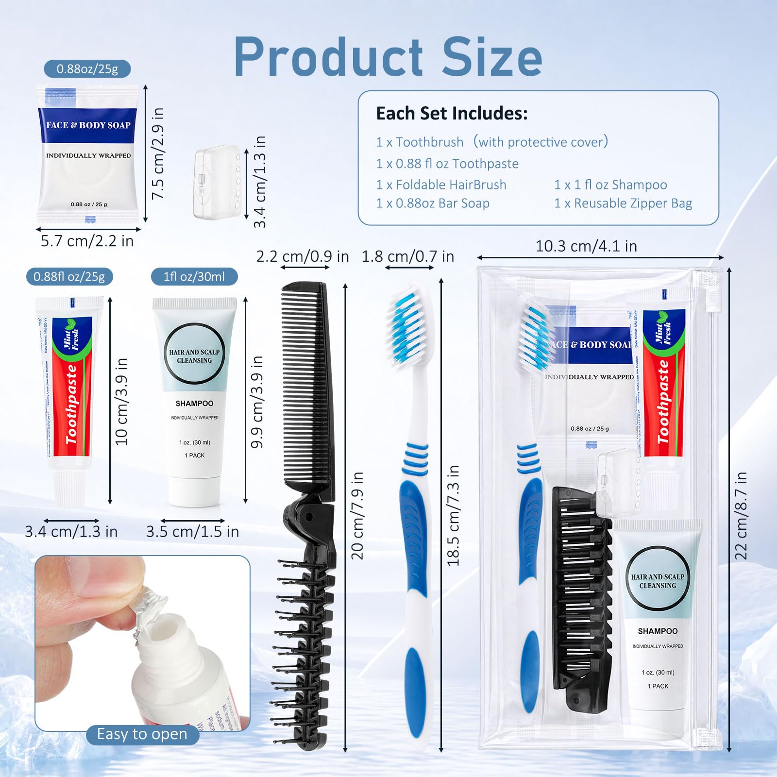 Kit di articoli da toeletta da viaggio, kit di igiene personale 5 | Con spazzolino da denti, dentifricio, shampoo, pettine, sapone, confezionati singolarmente per gli ospiti, hotel, campeggio