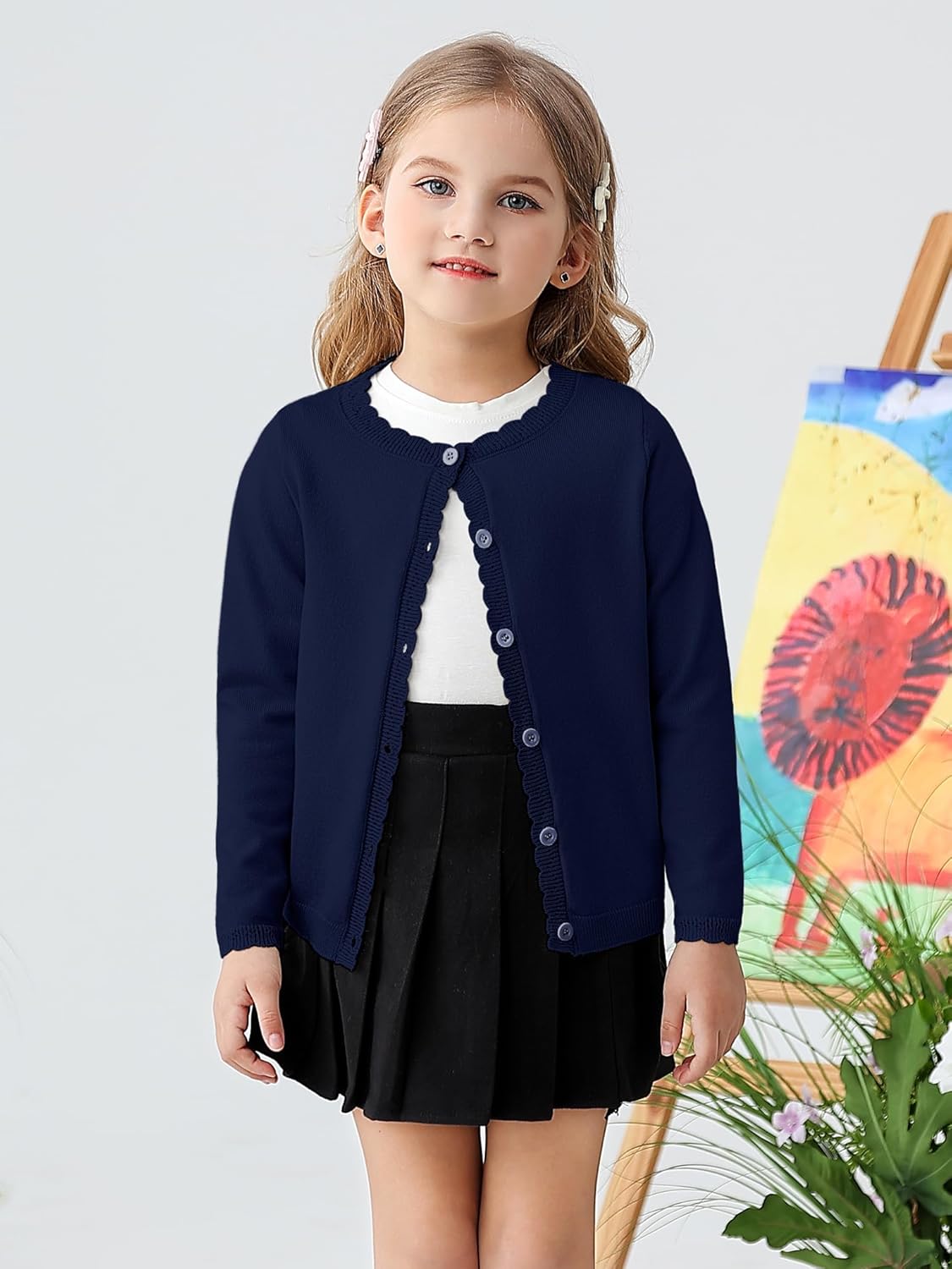 Yekaty Girls Cardigan Basic Uniform Long Sleeve Slim Fit Crewneck Cardigan Sweater - Image 3