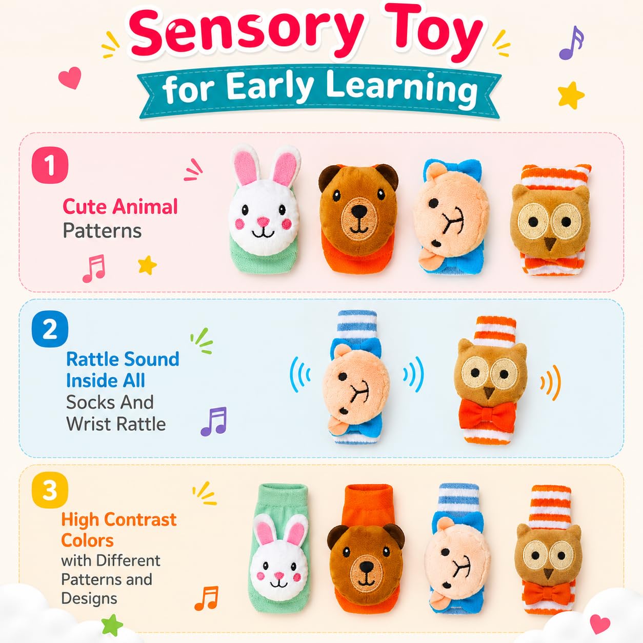 Jinglers Rattle Set for Babies 0-6 Months, Wrist Rattle & Foot Finder Socks, Soft Sensory Toy for Early Learning, Tummy Time Toys for New Born Baby Girl & Boys 6-12 Month, Gift 0-12 Months 1