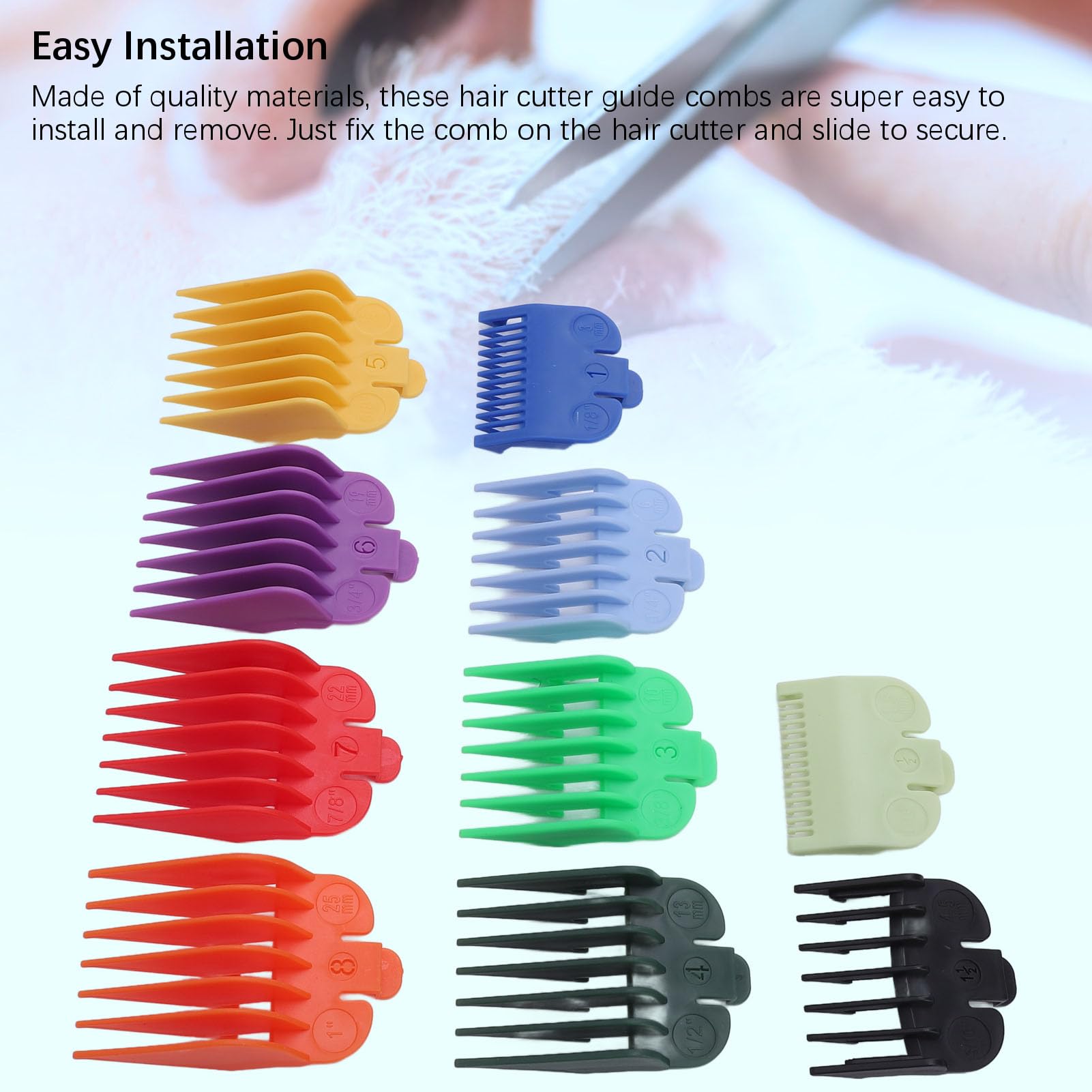 Haarschneidemaschinen-Schutz-Set, runde Ecken, bunte Zahlencodierte Führungskämme, ABS-Haarschneidemaschinenschutz, kompatibel mit Haarschneidemaschinen, 1,5/3/4,5/6/10/13/16/19/22/25 mm, 10 Stück