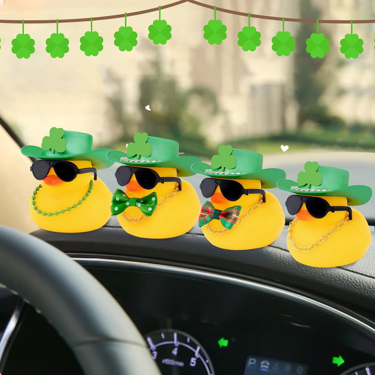 wonuu Rubber Duck Car Ornaments St. Patrick's Day Decorations Cool Car Accessories Duck Car Dashboard Accessorie, Diamond Hat Gold Necklace