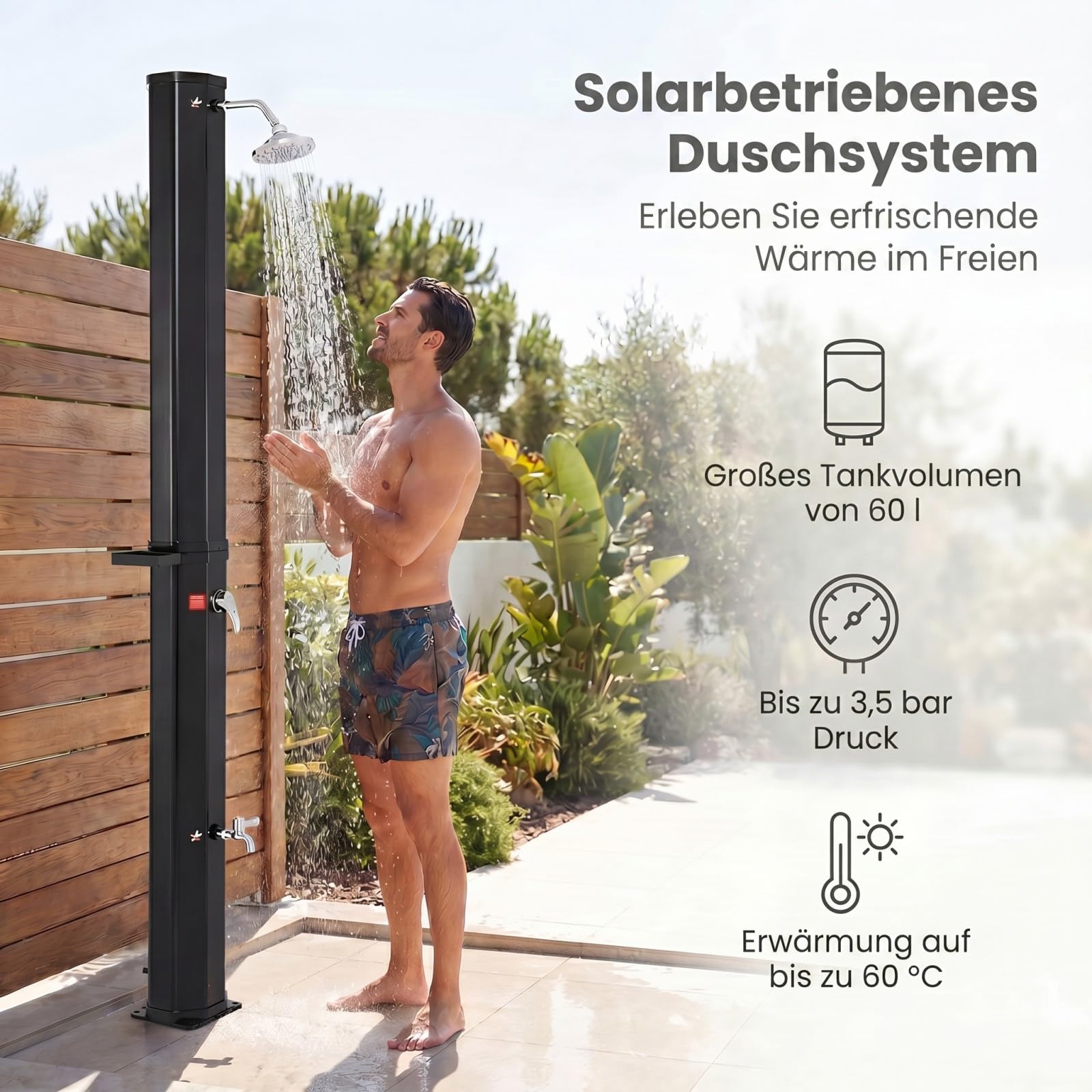 SOARS Solardusche, 60L Gartendusche mit Warmwasser bis 60°C (Schwarz) | Solar Dusche mit Ablage, Außendusche mit drehbarem Duschkopf, Fußdusche & Schutzhaube, Pooldusche ohne Strom für Garten, Pool