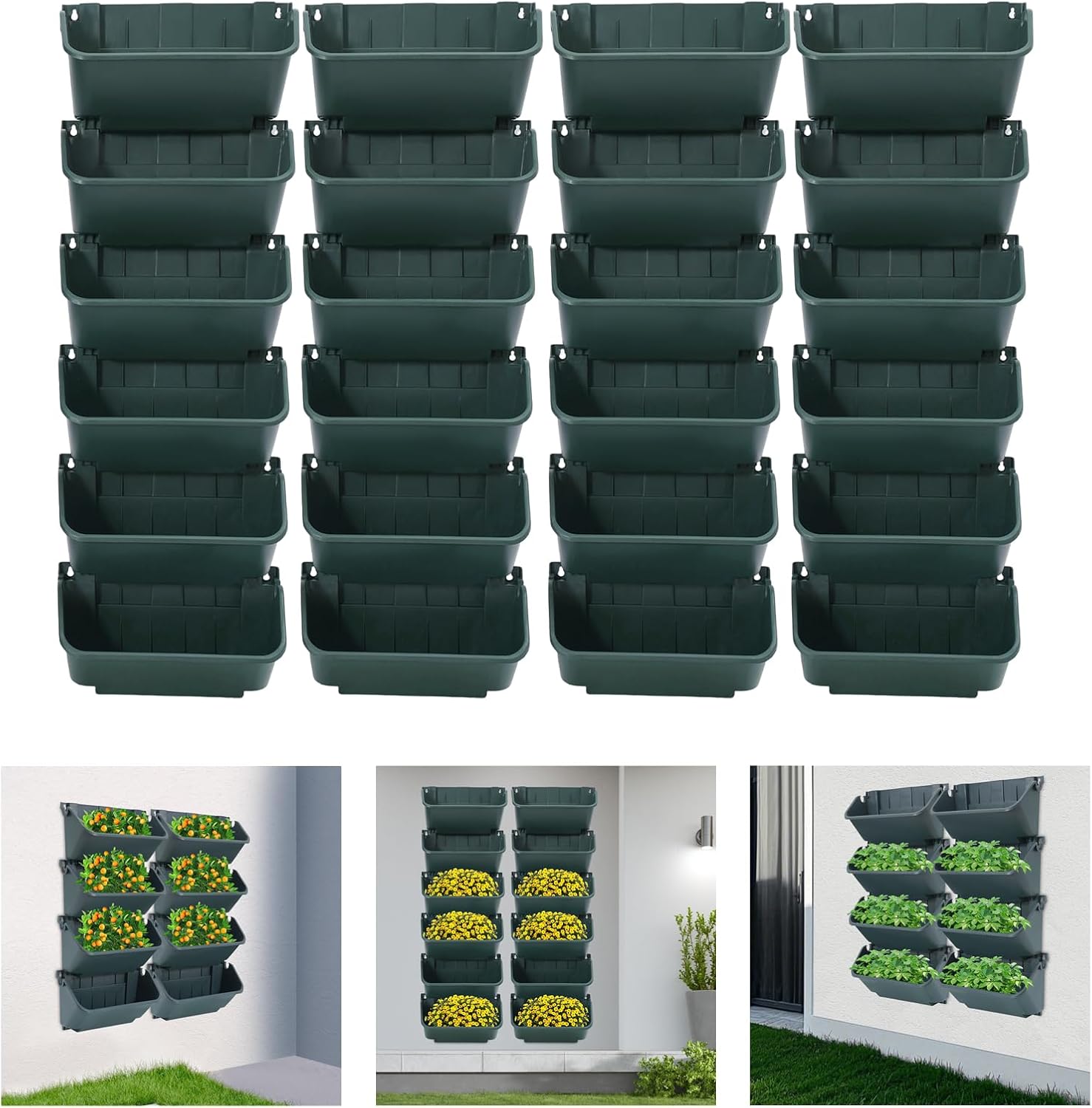 24-Pack Vertical Garden Planter Wall Mounted, Modern Stackable Wall Planters for Herbs, Succulents, Vegetables | Indoor & Outdoor Use with Drainage Holes (Army Green)