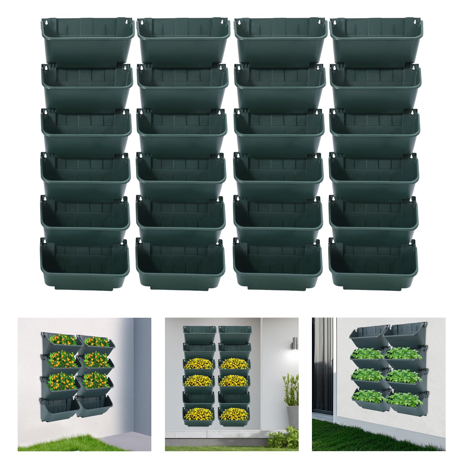 Confezione da 24 vasi da fiori murali verticali con drenaggio e serbatoio d'acqua, sacche da coltivazione sospese per erbe, fiori, verdure, per interni ed esterni (verde esercito)