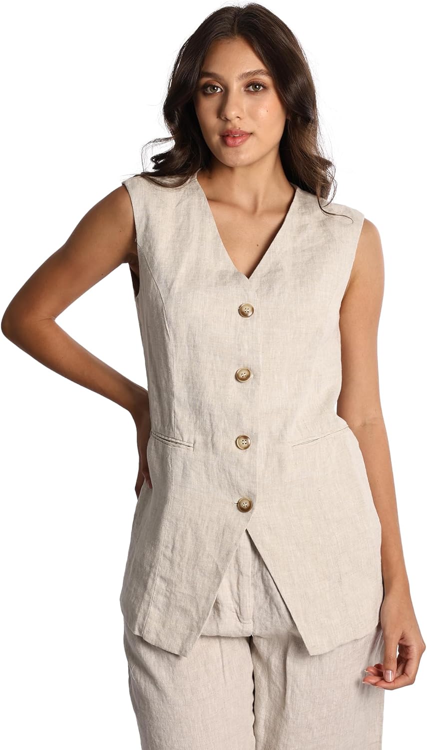 Womens Thick Pure Linen Medium Long Vest With Pockets And Button Closure