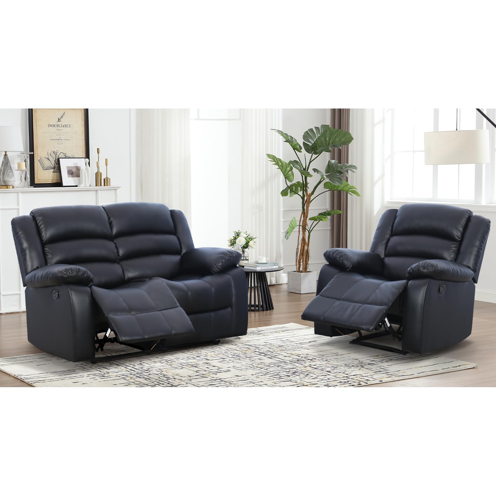 EBELLO Manual Faux Leather Reclining Couch Set for Living Room, Include 1 Recliner Chair, 1 Loveseat Sofa, Recliner Sofa Furniture Set for Home and Office, Black view 6