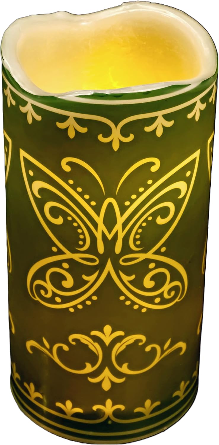 State & Water Miracle Encanto Inspired Flickering Flameless LED Bulb Butterfly Candle Wax Pillar, 6 x 3, Batteries Included (Green)