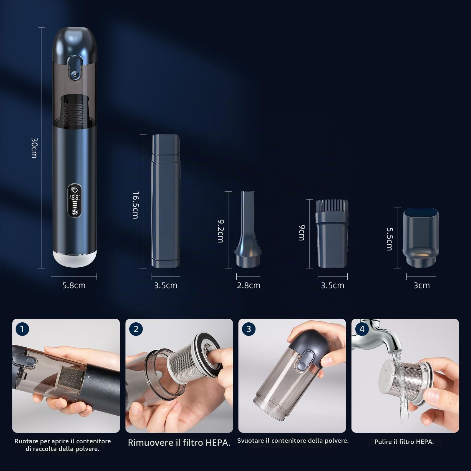 Aspirabriciole Senza Fili,18000Pa Aspirapolvere Auto con Potente Aspirazione USB-C Mini Aspirapolvere Potente Aspirapolvere Portatile per Auto Casa Ufficio Peli di Domestici