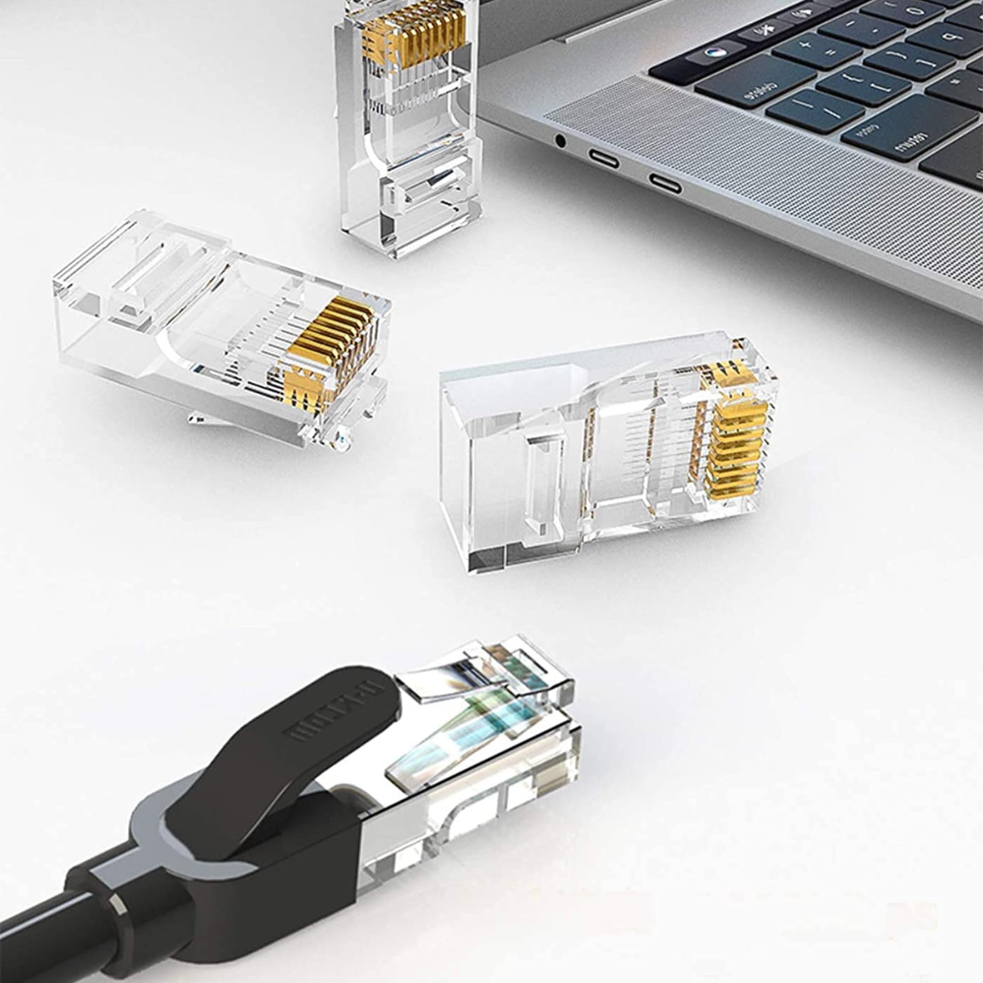 higadget Cat6 RJ45 Connector Ends (100Pc), 8P8C RJ45 Ends for Cat5, Cat5e, Cat6 Ethernet Cables - UTP LAN Cable Crimp Connectors for Solid Wire & Stranded Cable - Network Plug Module (Pack of 100) 4