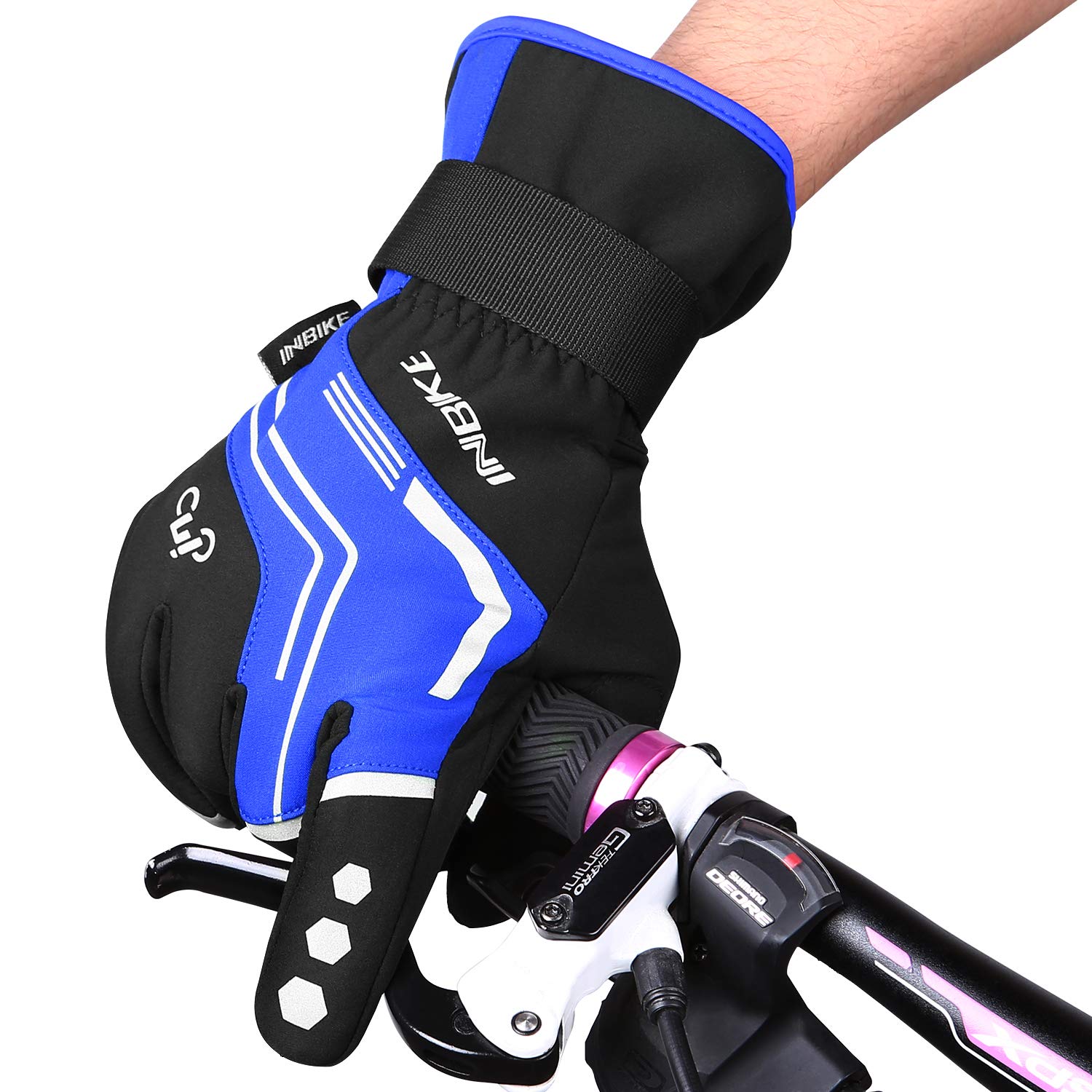 INbike Gants d'hiver pour homme et coupe-vent en gel thermique réfléchissant, écran tactile, pour VTT, bleu moyen