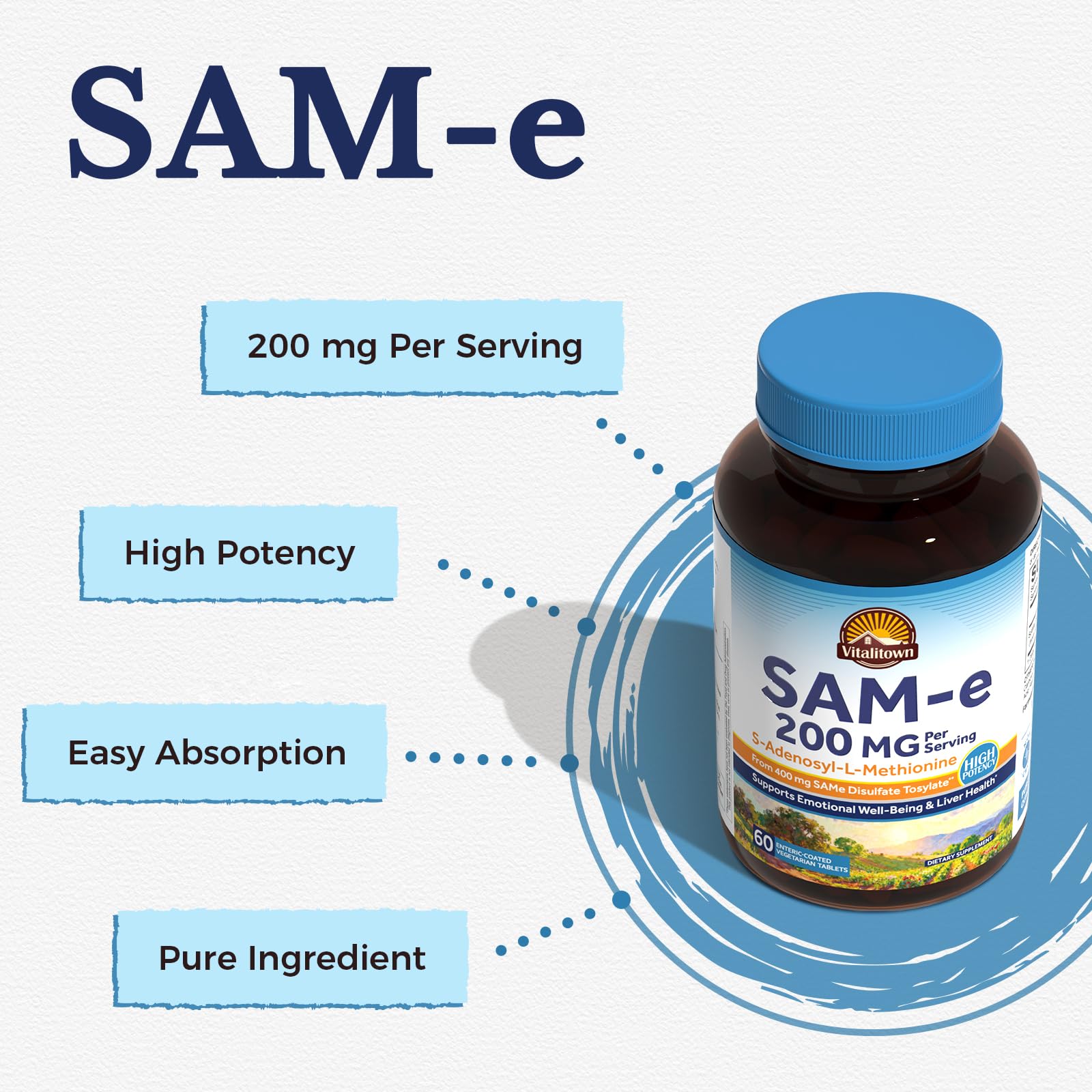 Vitalitown SAM-e (S-Adenosyl-L-Methionine) 200mg Per Serving, High Strength, Biologically Active Form, for Liver and Mood Support, 60 Enteric-Coated Vegetarian Tablets — Amazon image 2
