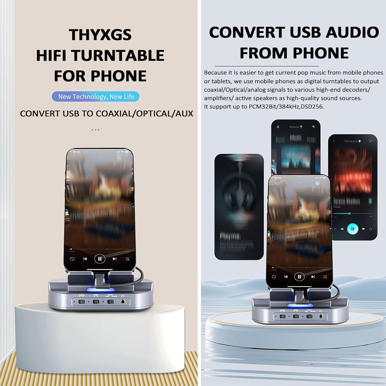 Cyfrowy analogowy przetwornik audio, mini odtwarzacz przedwzmacniacza HiFi, z kolorowymi lampkami wskazującymi, włącznikiem ładowania, konwersją wyjścia na wyjście audio koncentryczne/optyczne