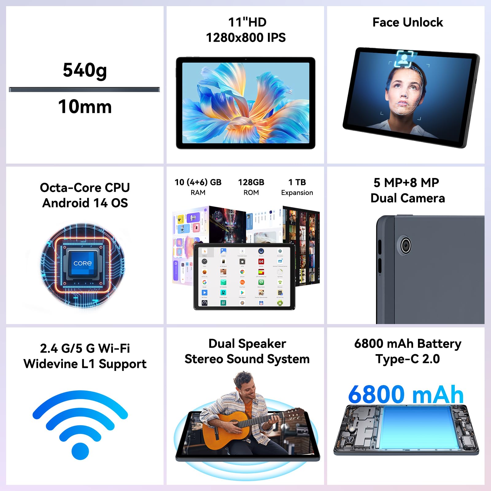 Yicty Tablet 11 pollici 8 Core Android 14 Tablet PC 10 GB + 128 GB 1 TB di espansione 1280 x 800 HD IPS Touchscreen 5 MP + 8 MP Doppia fotocamera 6800 mAh Widevine L1 Face ID Wi-Fi Bluetooth (Grigio)