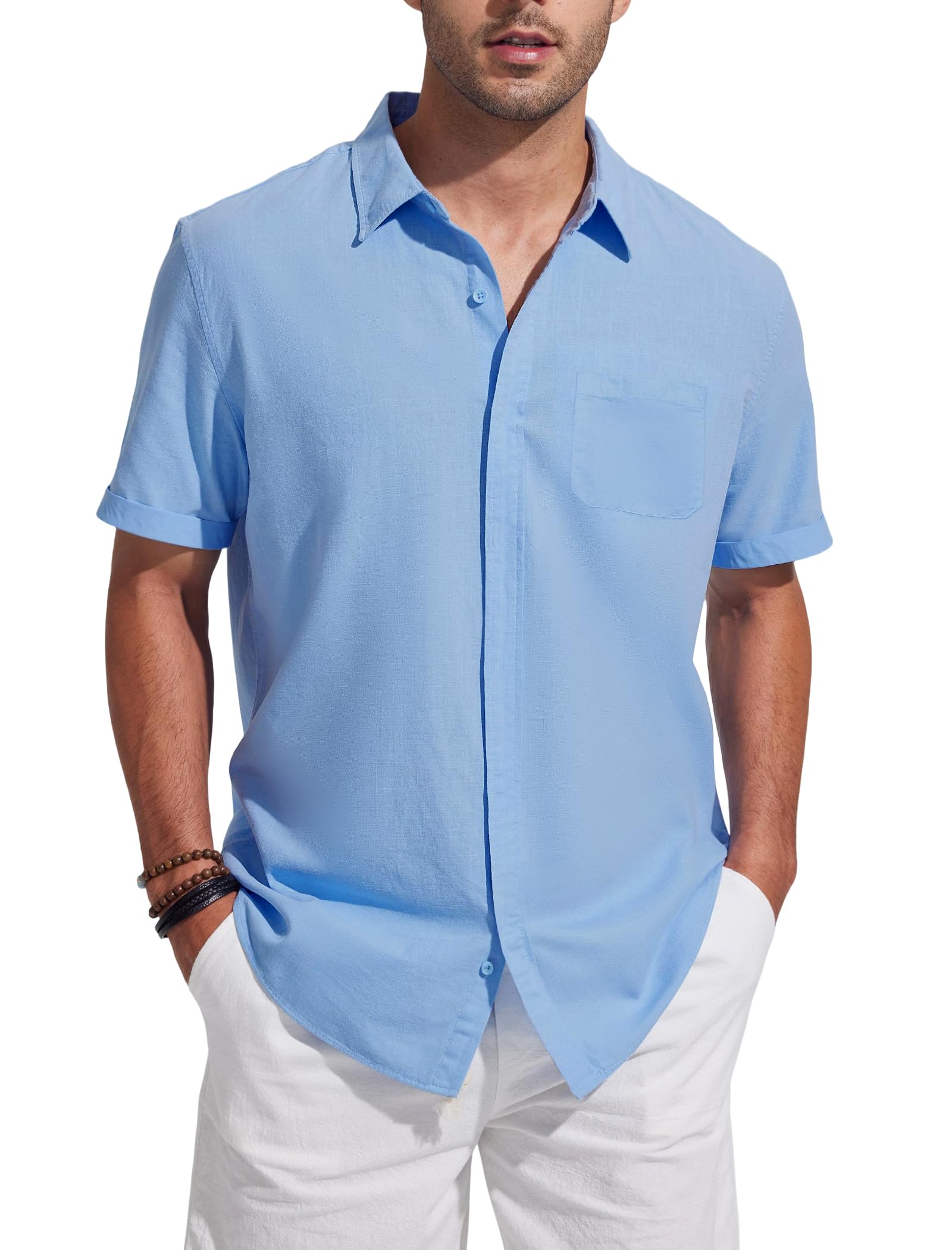 Friptspyg Leinenhemd Herren mit Tasche Baumwolle leinen Hemden Herren Kurzarm Sommerhemd mit Versteckten Knöpfen Casual Alltag Strand